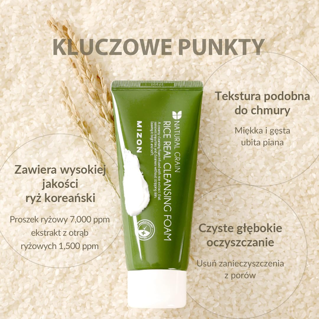 MIZON] RICE REAL CLEANSING FOAM (150 ml), koreańska pielęgnacja skóry – Delikatny złuszczający płyn do mycia twarzy z ekstraktem z ryżu, promienna skóra, oczyszcza pory i wygładza cerę, dla tłustych i