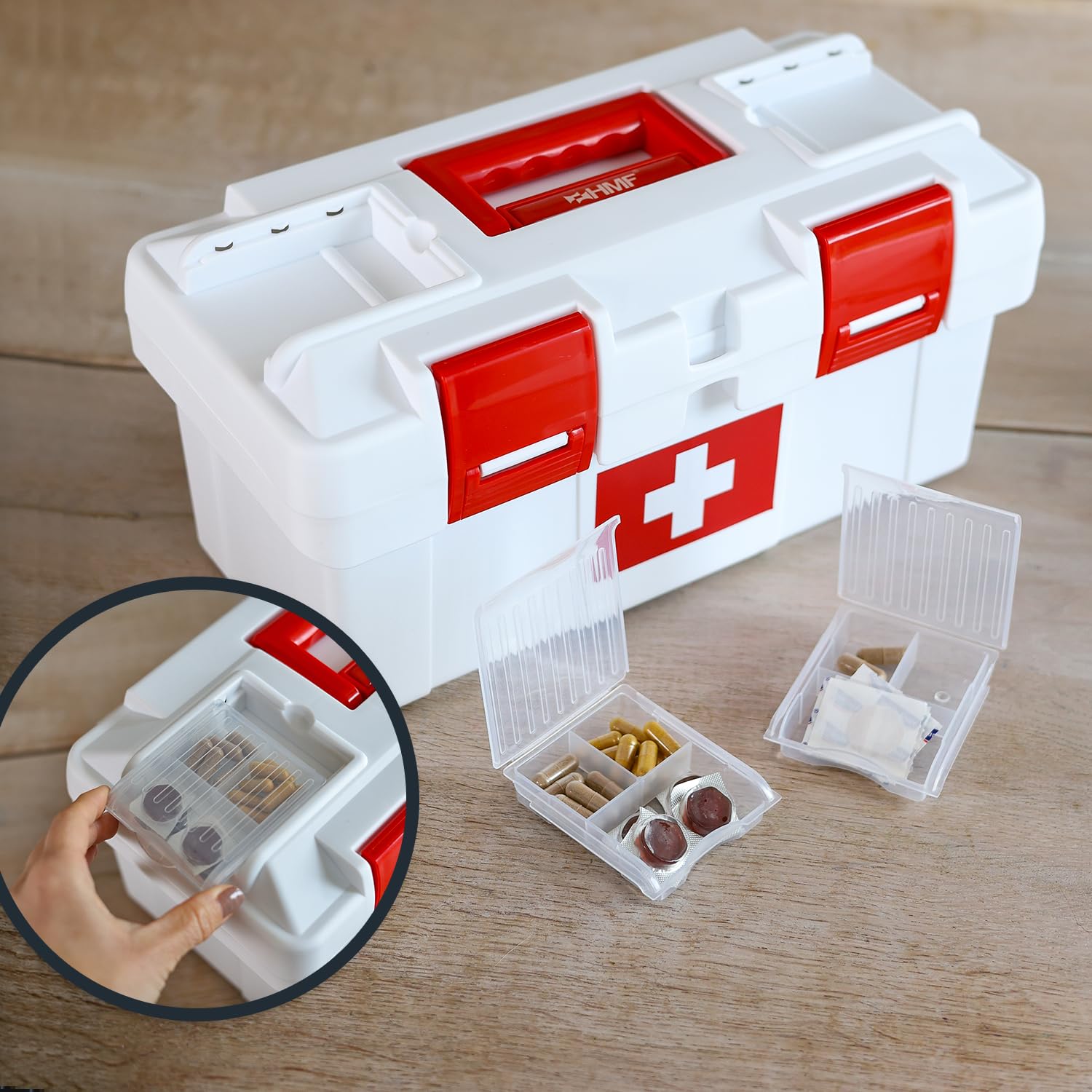 HMF Boîte à pharmacie vide pour les premiers secours pour club de sport, entreprise ou maison | 37 x 20 x 18,5 cm | Blanc/rouge