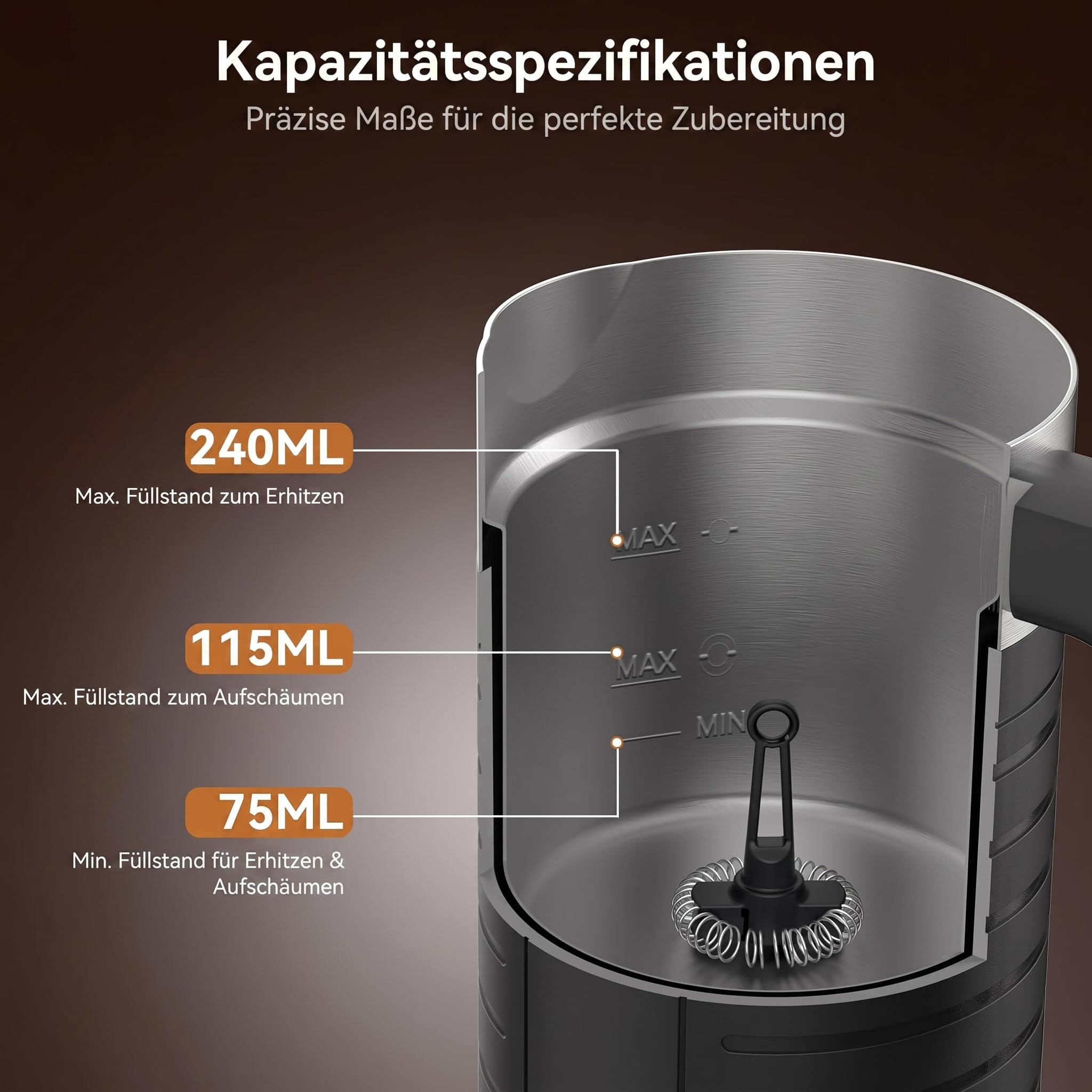 Morpilot Milchaufschäumer Elektrisch 4 in 1 – Spülmaschinenfest (Einzigartig), 75-240ml, leise & schnell, für heißen & kalten Milchschaum, Edelstahl, Antihaft, für Latte Macchiato & Cappuccino