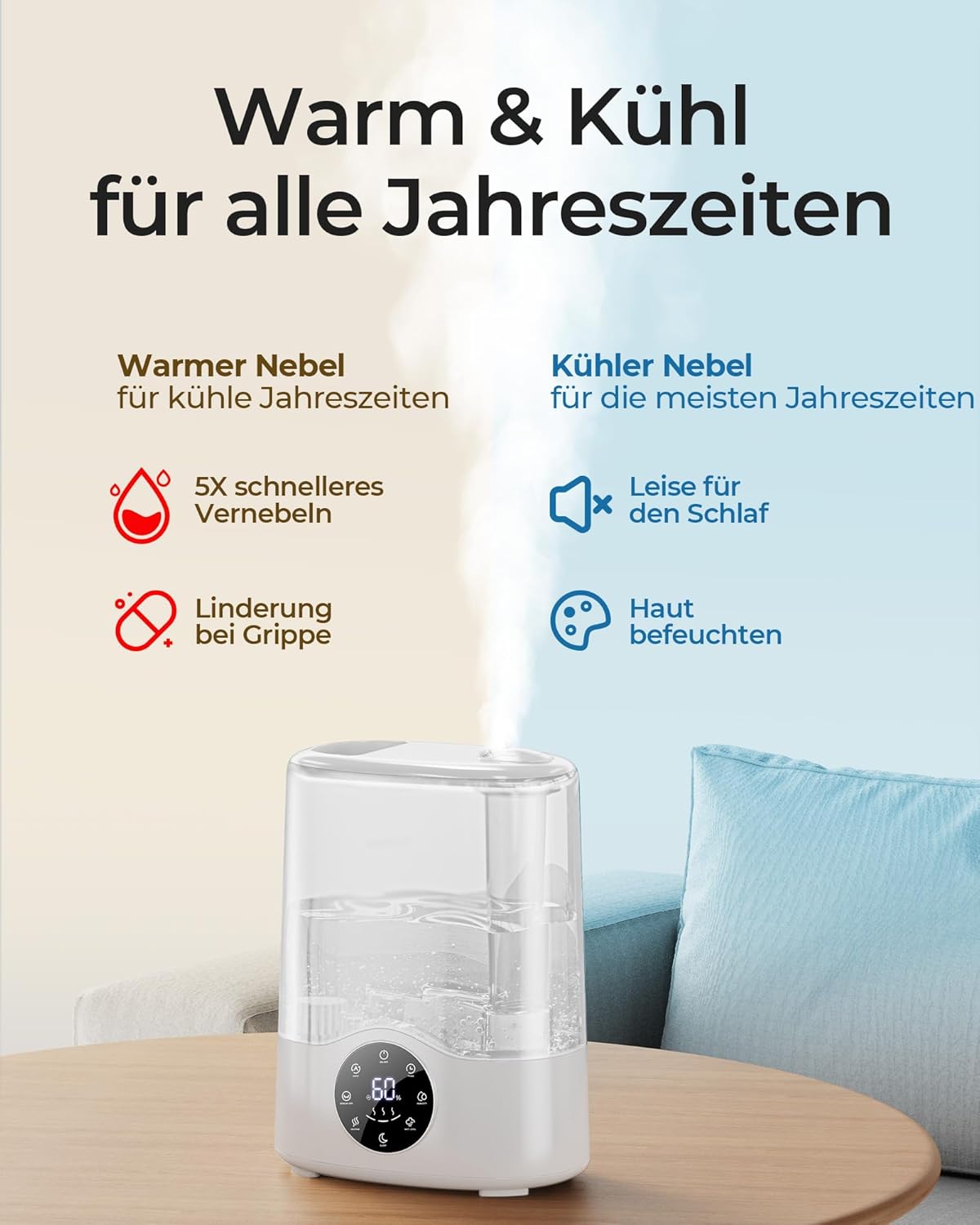 Infographic illustrating the benefits of warm mist (faster humidification, flu relief) and cool mist (quiet for sleep, skin hydration) from the Homvana Smart Humidifier H112.