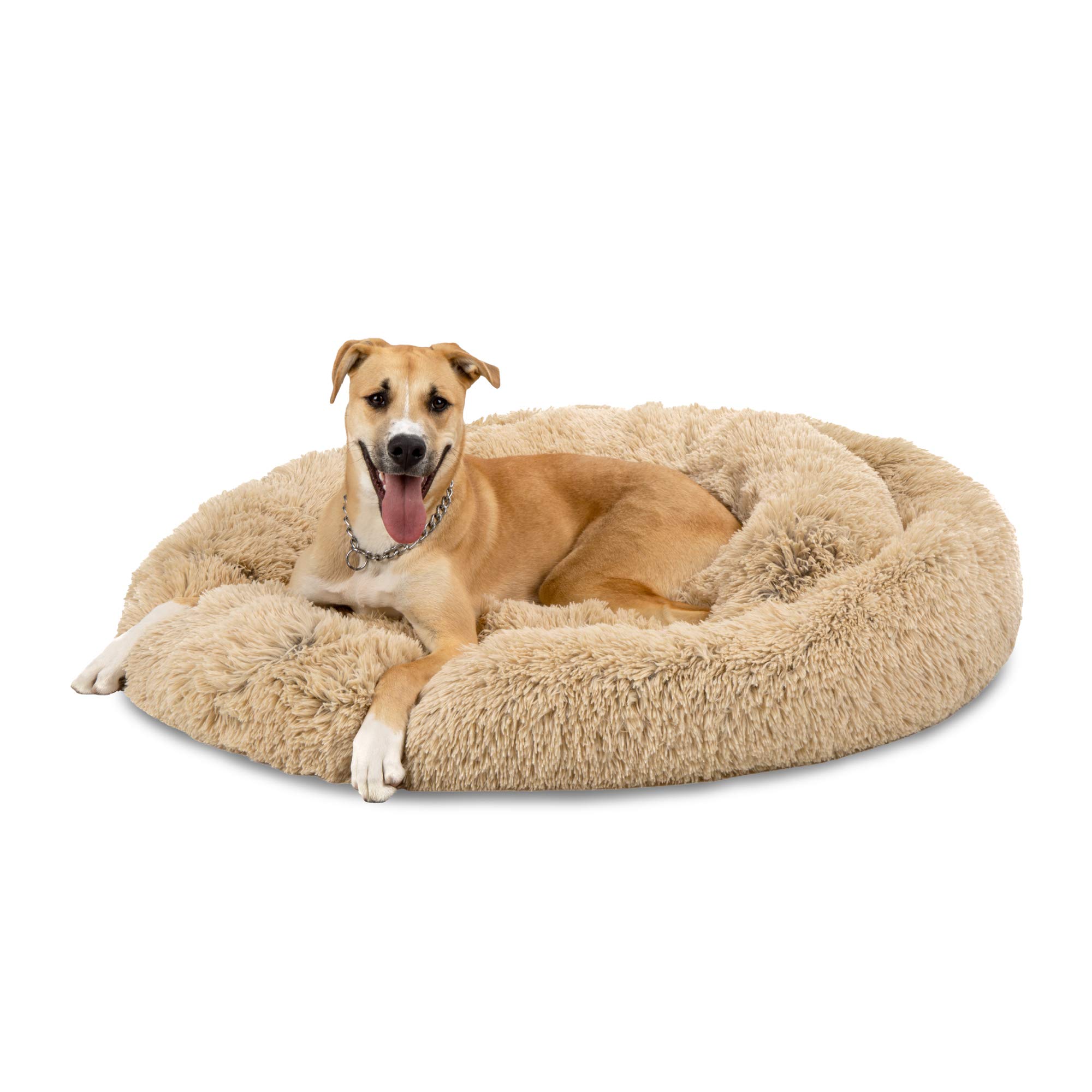 Best Choice Products 45in Dog Bed Self-Warming Plush Shag Fur Donut Calming Pet Bed Cuddler w/Water-Resistant Lining, Raised Rim - Brown