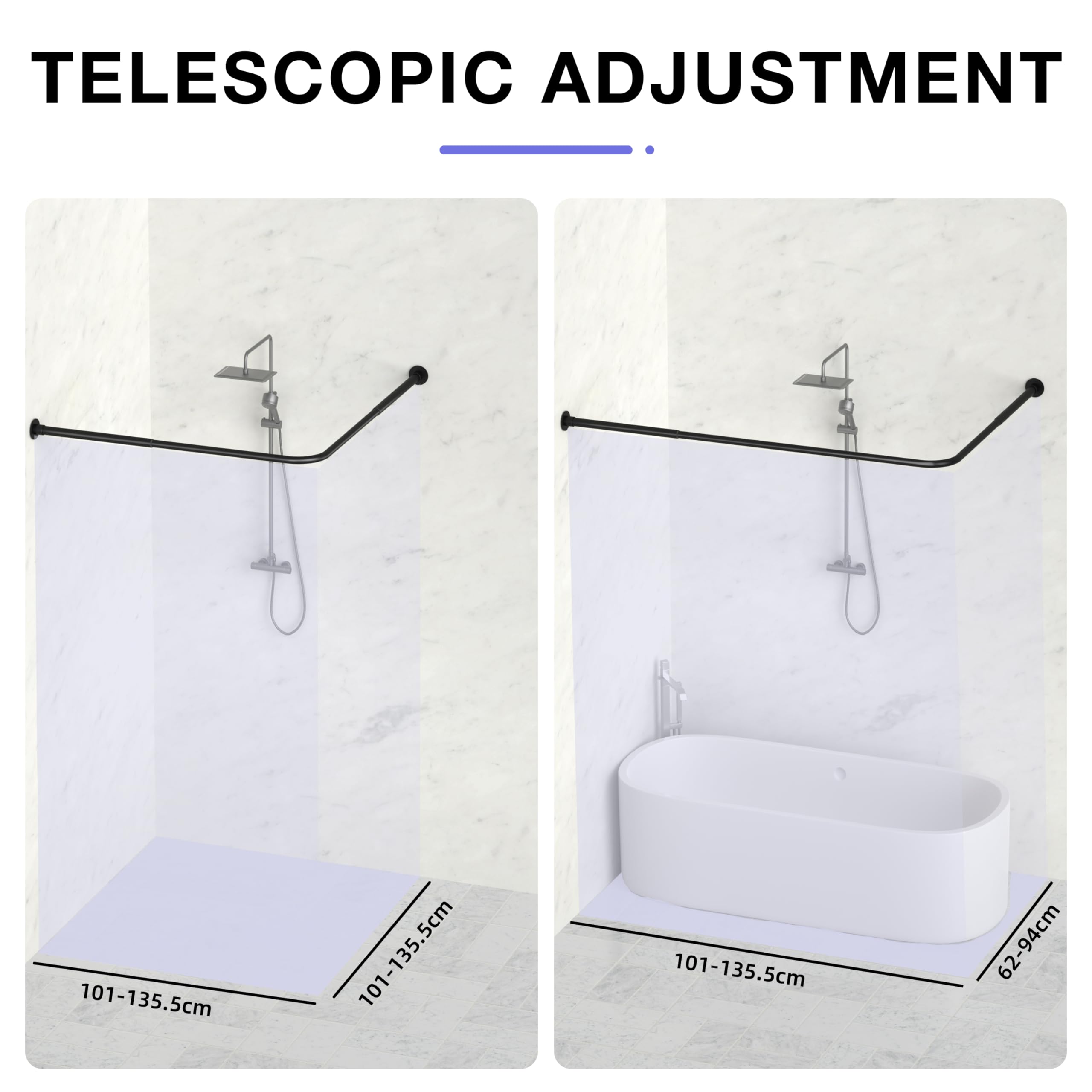 Tringle Rideau Douche Angle en Forme de L, Tringle Douche Réglable 62-94x141-174 cm, Baignoire et Douche, Tringle à Rideau de Douche en Acier Inoxydable avec 16 Anneaux, Noir