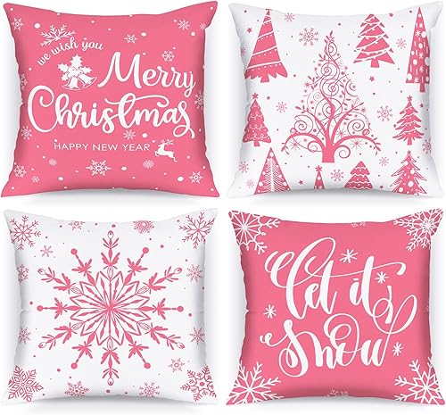 Lanpn Juego de 4 fundas de almohada de Navidad blancas y rosas de 18 x 18 pulgadas, fundas de cojín decorativas de Navidad de 18 pulgadas, fundas de