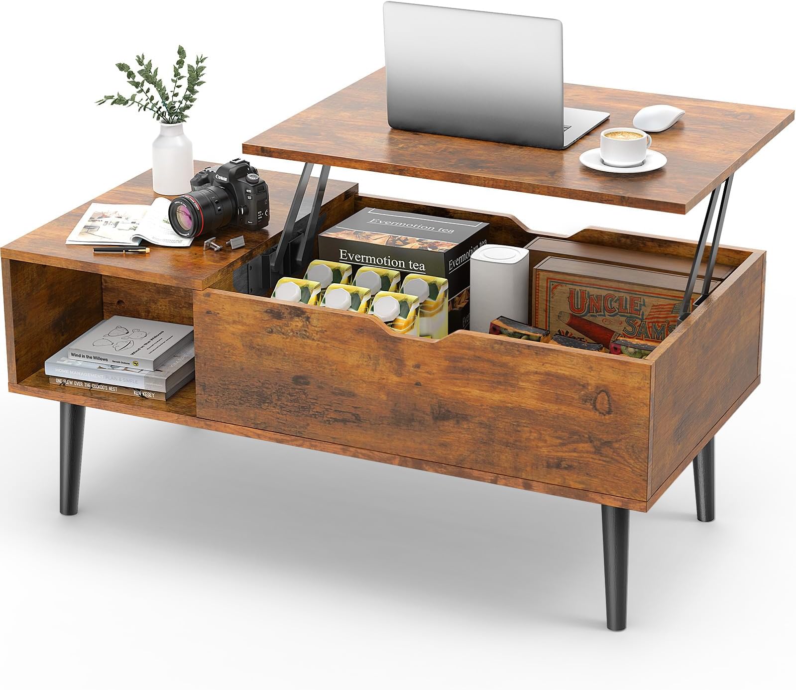 Sweetcrispy Coffee Table Brown, Lift Top Coffee Tables for Living Room, Small Rising Wooden Dining Center Tables with Storage Shelf and Hidden Compartment