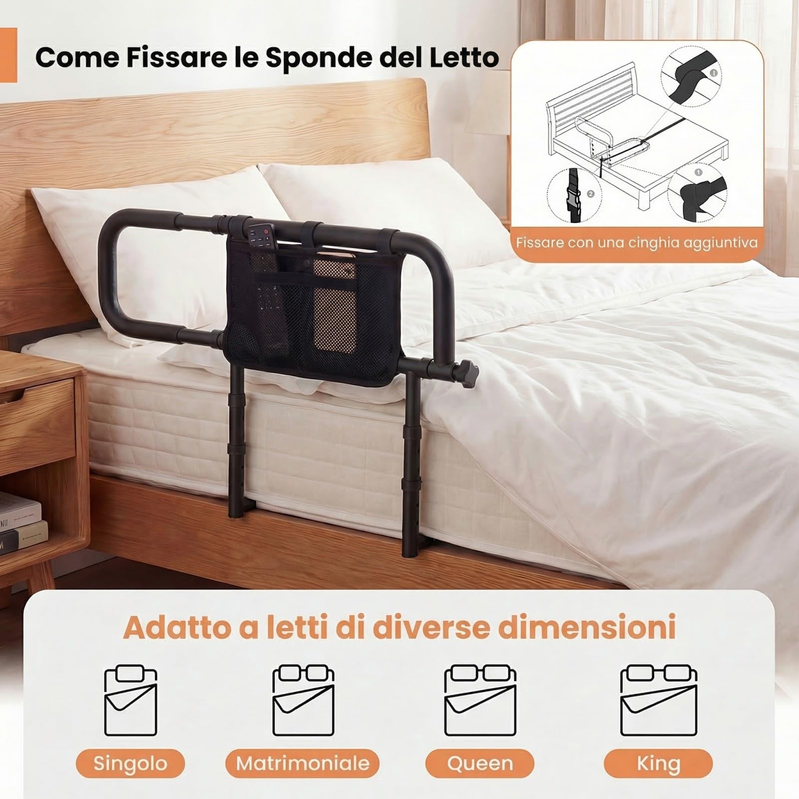 COSTWAY Sponda Letto Anziani Regolabile e Pieghevole, Altezza/Larghezza Aggiustabile, Tasca Rimovibile, Maniglie Imbottite e Base a U, Adatto a Letti King/Queen, Supporto fino a 136 kg (Nero)