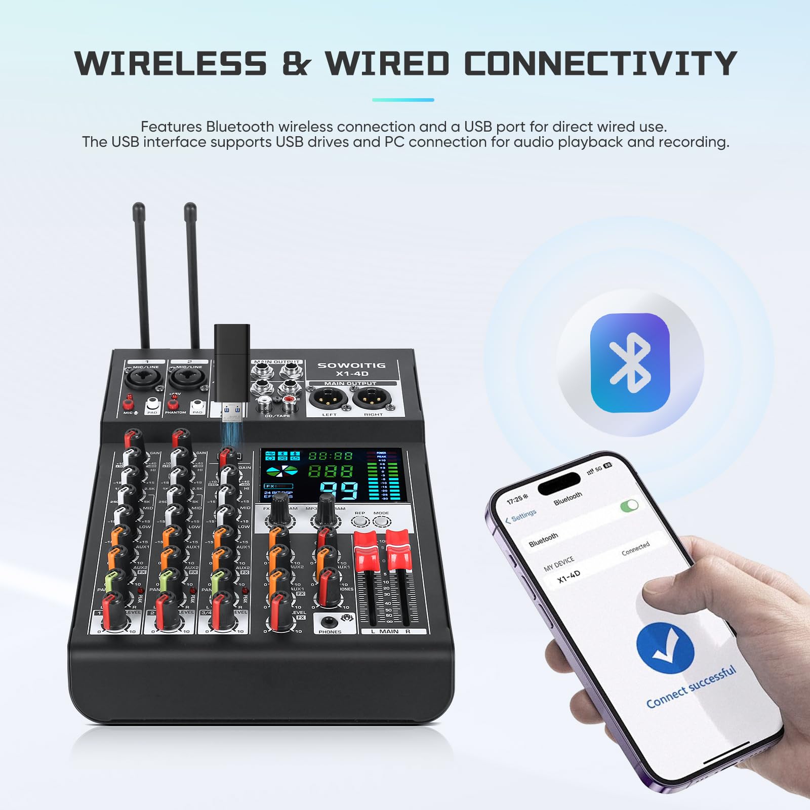 Mezclador de audio de 4 canales con micrófonos inalámbricos duales, tablero de mezcla de sonido profesional, consola de DJ con 99DSP MP3 Bluetooth 48V Phantom Power PAD interfaz USB para grabar
