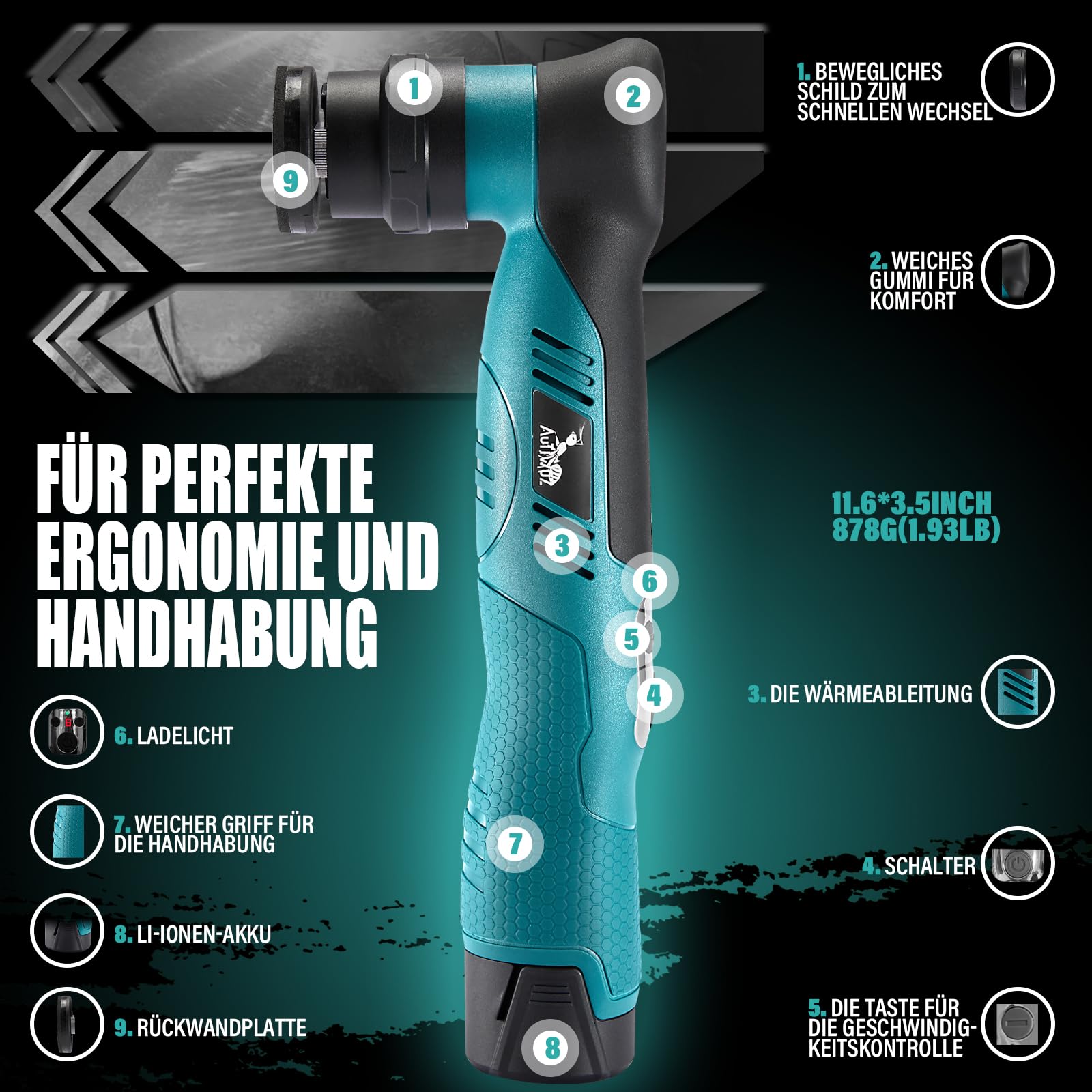 AUTIWOZ Akku Poliermaschine auto, Mini Poliermaschine für auto 30mm/75mm,Kratzerentfernung mit 12V 2.0Ah Li-Ion Akkus, 6 Geschwindigkeiten für Auto Detailing und Wachsen W62