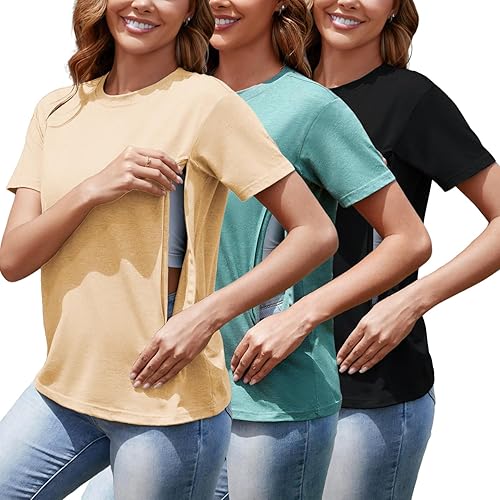 Women's Nursing Shirts for Breastfeeding with Hidden Zipper Short Sleeves