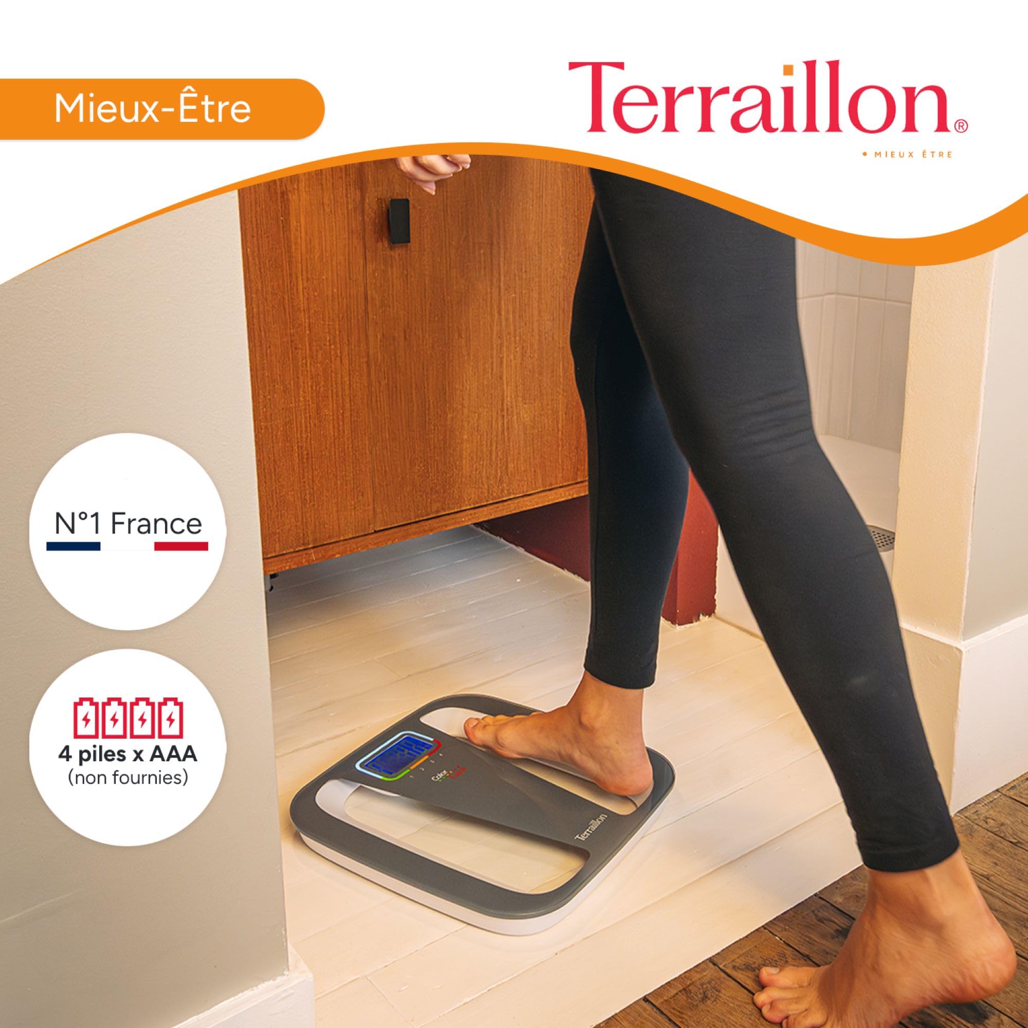 TERRAILLON - COLOR COACH QUATTRO - Pèse personne électronique, Affichage couleur variation de poids, 4 Mémoires utilisateurs, Ecran LCD rétro-éclairé, Capacité 160 kg, Graduation 100g, Gris/Blanc