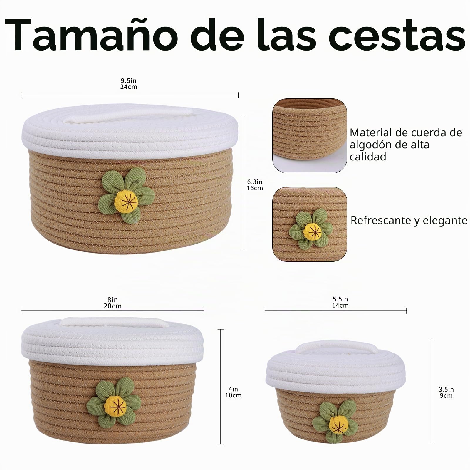 Un juego de tres grandes cestas de almacenamiento cubiertas, hechas a mano, estilo fresco, decoración de escritorio, organización de artículos diversos del hogar