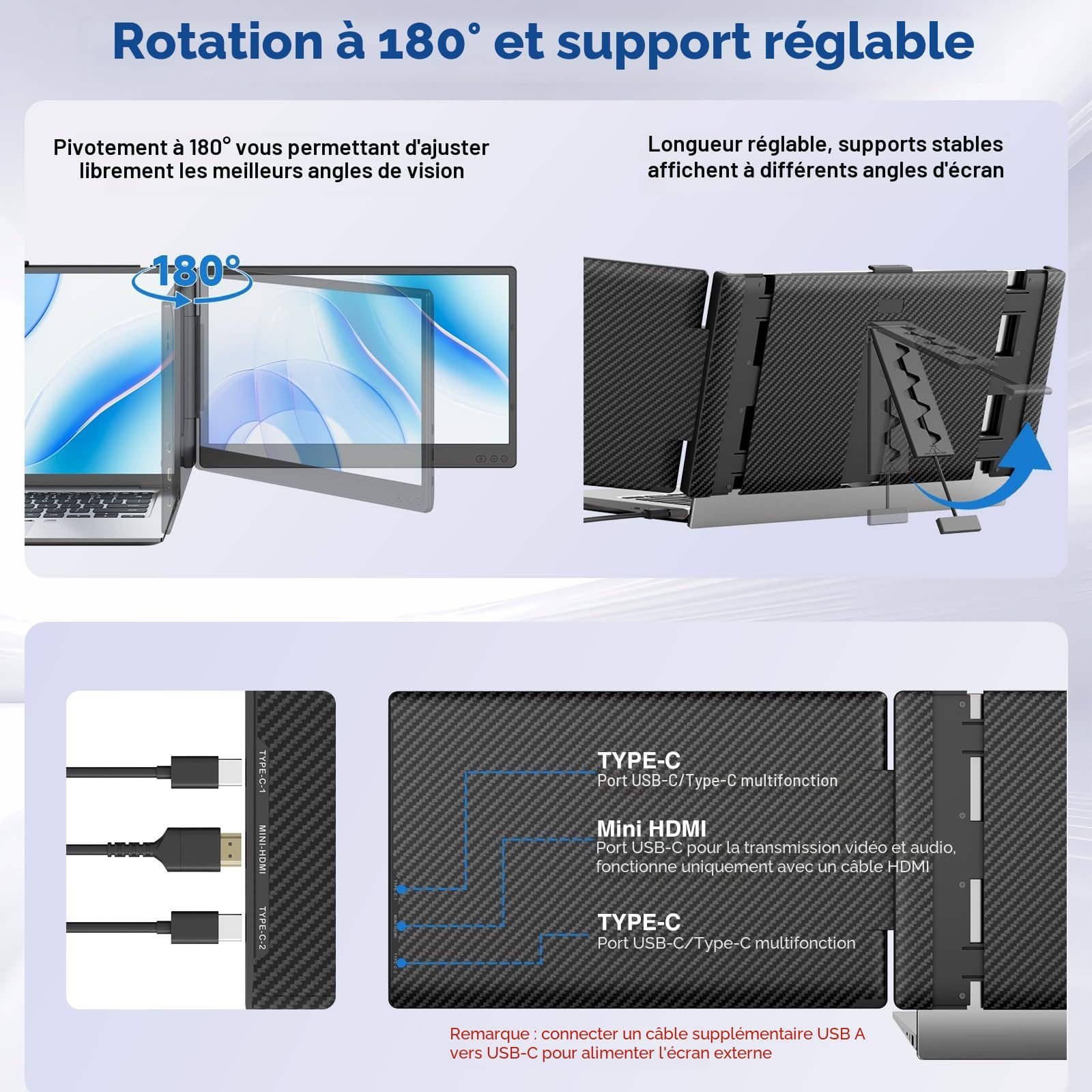 Extension Ecran PC Portable, Double Extension d'écran IPS FHD 1080P 14", Moniteur Portable pour Ordinateurs Portables 13-17,3", Double écran Plug & Play pour Windows/Mac avec Port USB C/HDMI