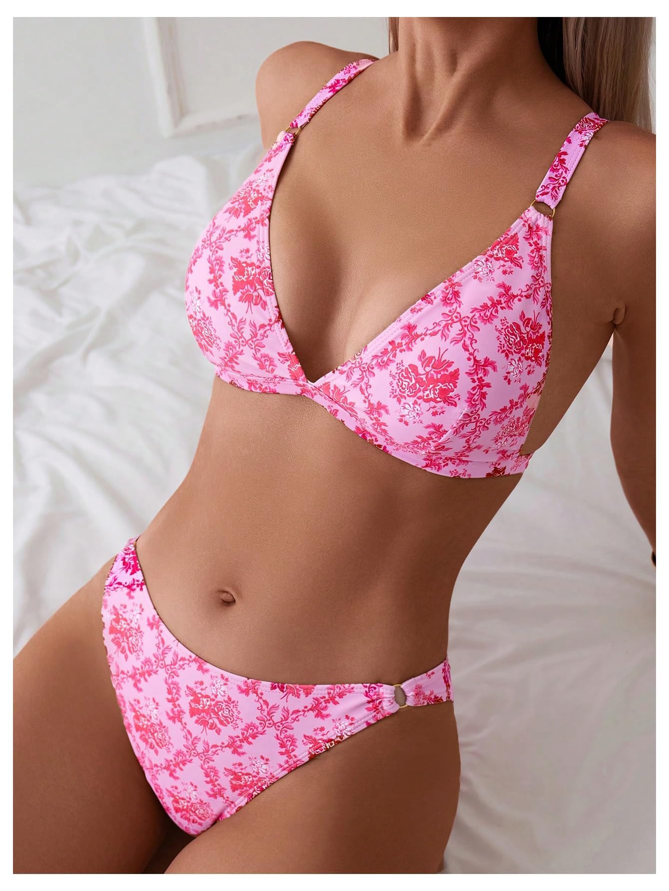 ZAFUL Damen 2-teiliger Badeanzug mit Blumendruck, dreieckiger String, hochgeschnittener Bikini-Sets, Badeanzug