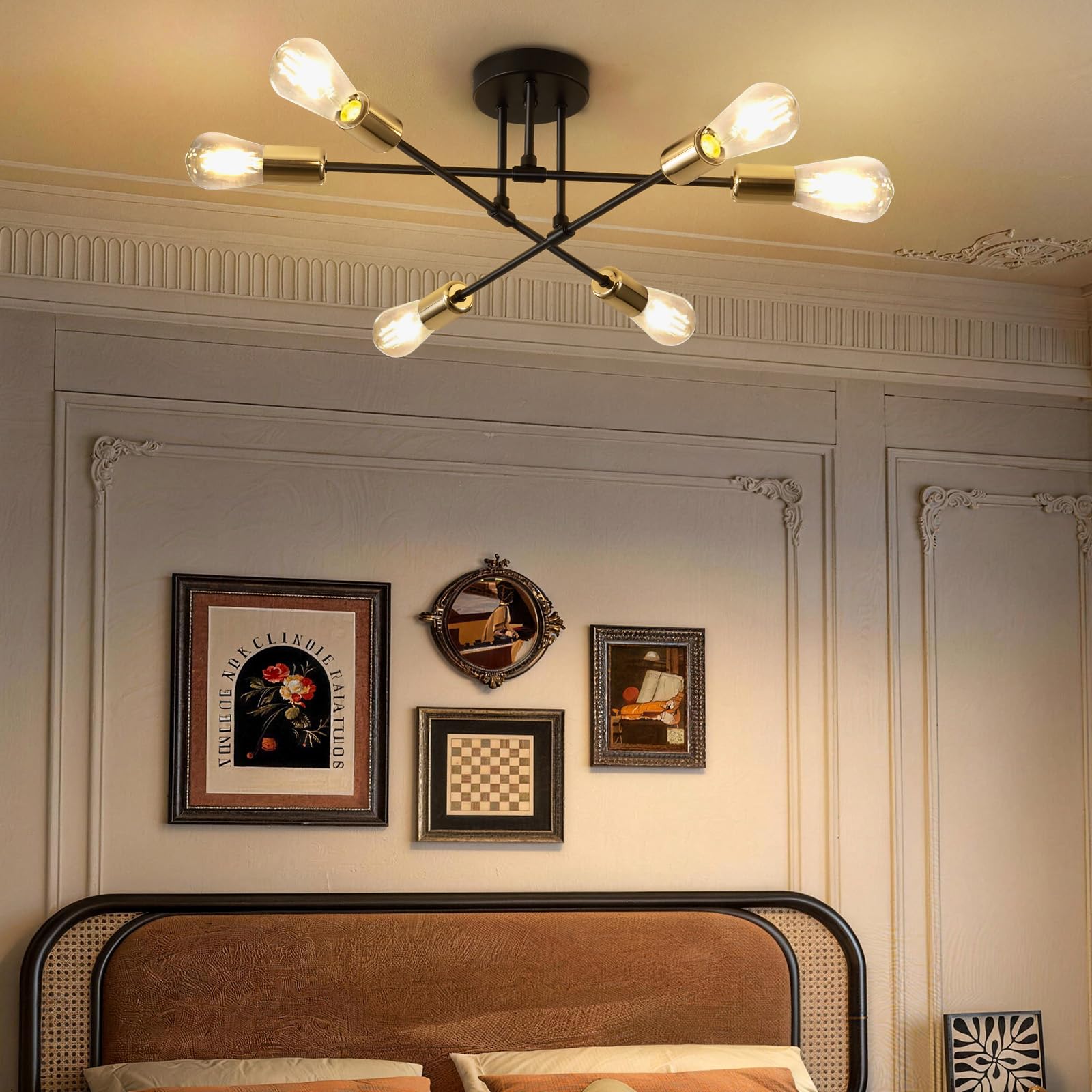 ENCOFT Lampa sufitowa w stylu vintage, industrialna, lampa sufitowa w stylu retro, 6 żarówek, lampa kuchenna, sufitowa, E27, czarno-złota, lampa sufitowa, do sypialni, salonu, biura