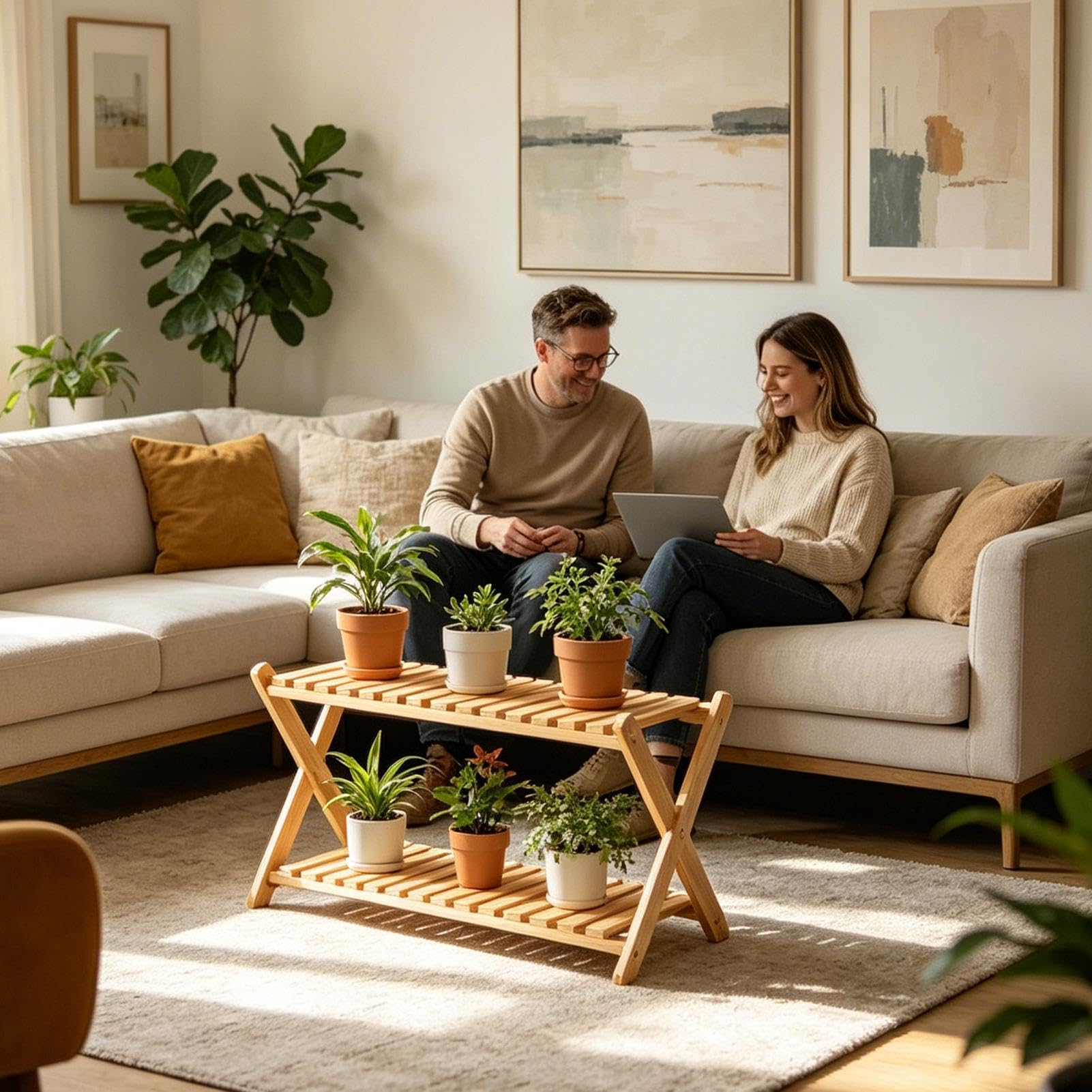 Support en bois d'intérieur Étagère à pots de fleurs 2 niveaux | Présentoir à d'Extérieur et Intérieur Pour Terrasse, Jardin, Porche, Entrée, Salon, Serre, Présentoir De Fleurs Et