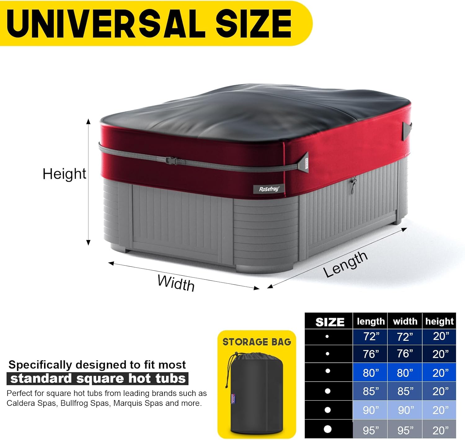 Rosefray 420D Outdoor Waterproof Square Hot Tub Cover Protector, Heavy Duty SPA Cover UV Protection Cover 85" L x 85" W x 20" H,Red/Black