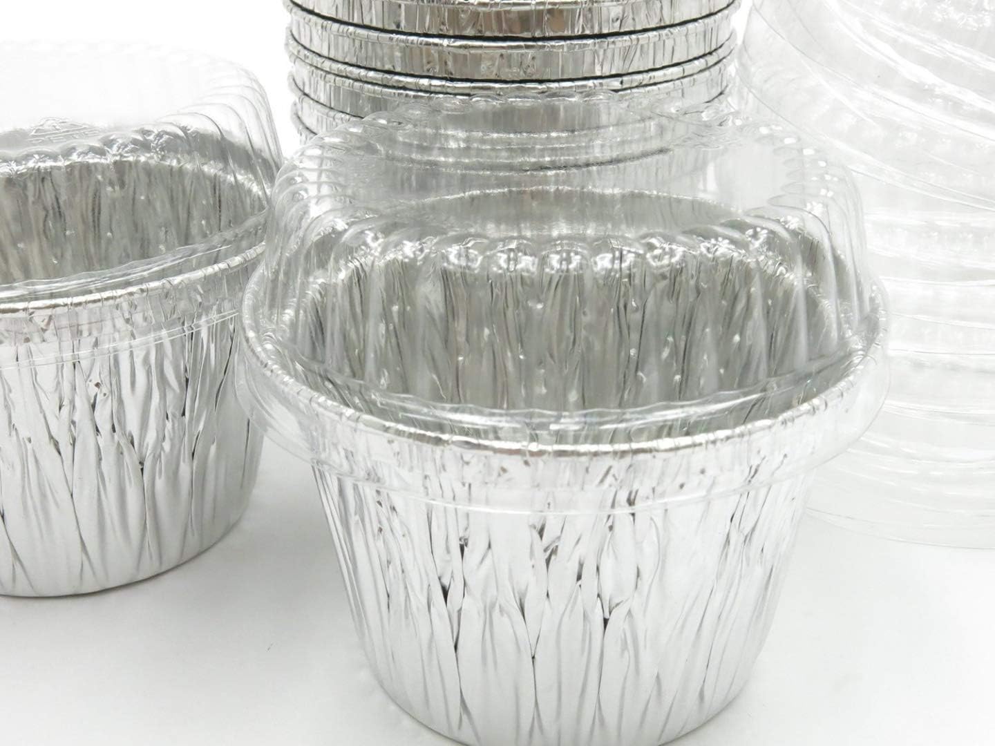 KitchenDance Disposable Aluminum Baking Cake Cup with Dome Lid - 7 Ounces Round Dessert Cups for Cakes, Muffin Cups - Aluminum Foil Baking Cup Perfect for Baking, Preparing Food, 1210P, 100 Count