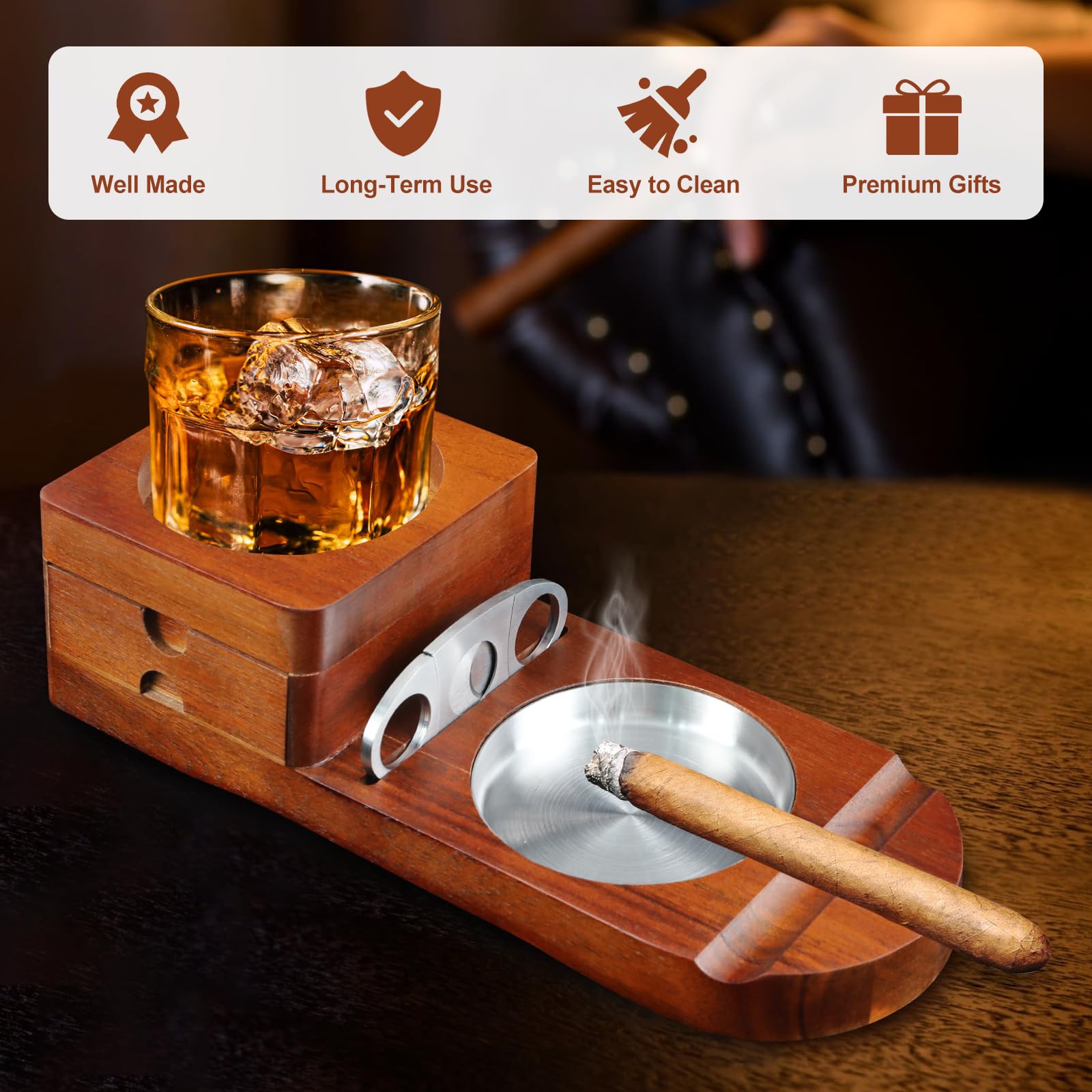 Posacenere in legno per sigari, Posacenere per sigari con vassoio per whisky e porta sigari, accessori per fumatori da uomo, regali per gli uomini per Ufficio e Tempo Libero o bar, compleanno