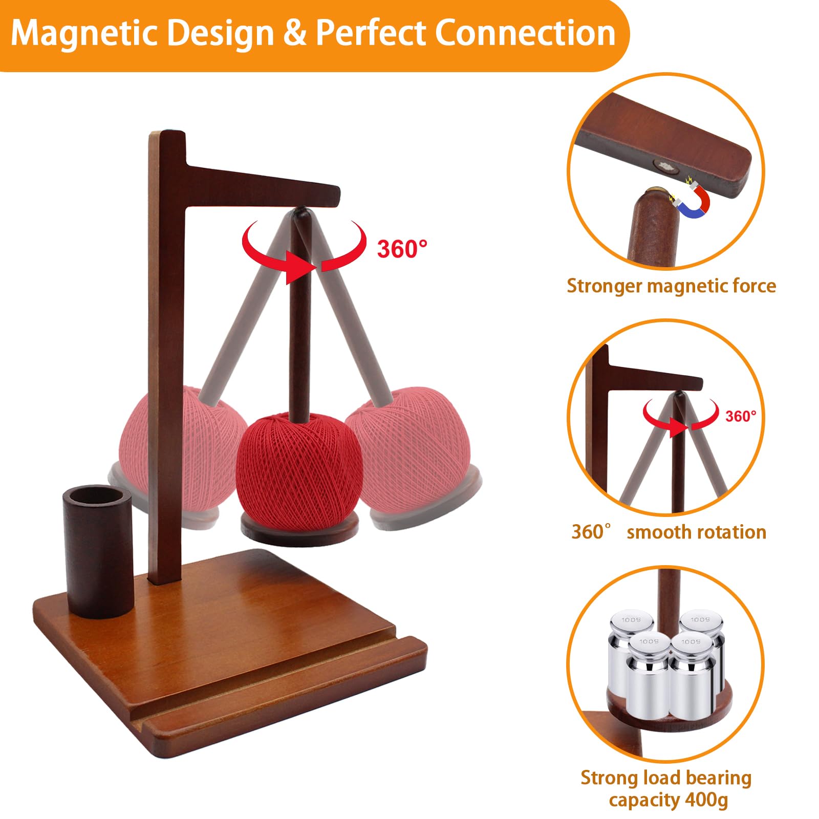 Kaxenig Supporto Magnetico Per Gomitoli In Legno – Rotante 360° Con Mandrino – Porta Filo Per Uncinetto E Maglia – Salvaspazio