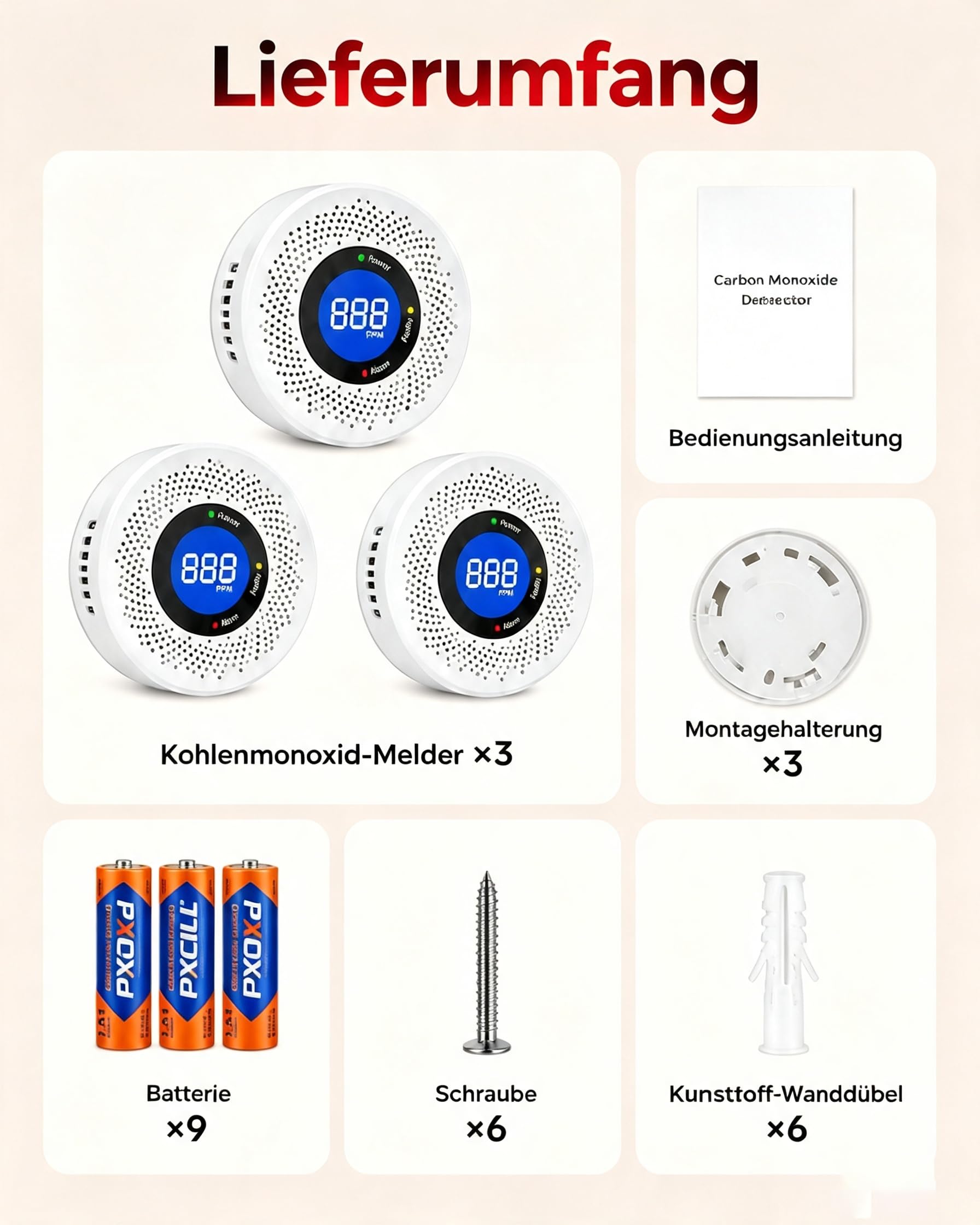 3er-Pack Kohlenmonoxidmelder, CO Melder mit LCD-Anzeige & LED-Warnsignal, 85 dB lauter Alarm, batteriebetriebener Kohlenmonoxidmelder für Zuhause, Wohnmobil und Reisen