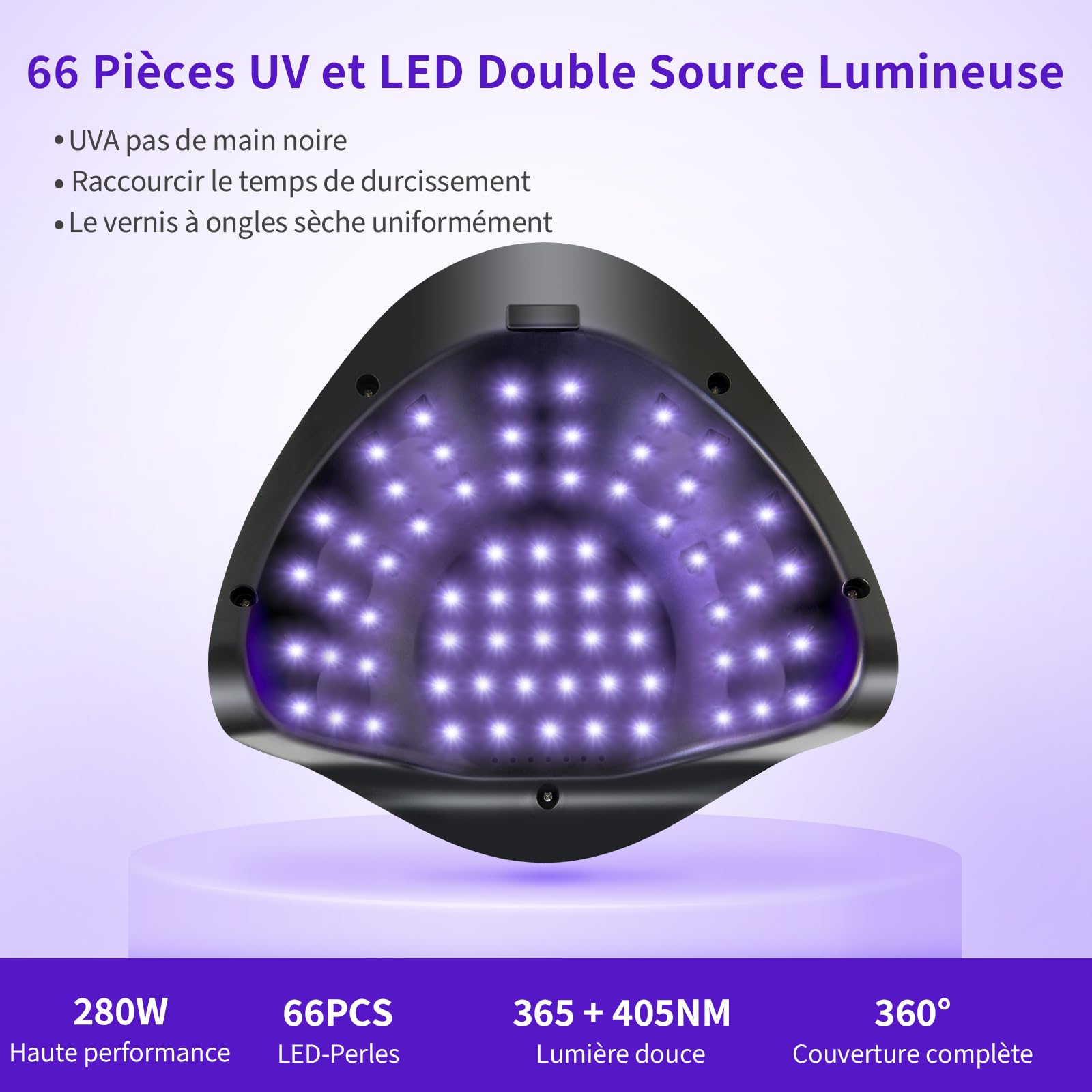Lampe UV Ongles Gel, 220 W Lampe UV Ongles, Lampe LED Ongle avec 66 Perles LED, Machine Ongle UV à Capteur Automatique avec 4 Minuteries