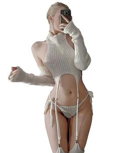 paloli Women's White Knit Sweater Lingerie Set - Halter Crop Top with Garter Design, Matching Tie-Up Panties, Stockings, and Arm Warmers - Sexy Cosplay & Party Outfit