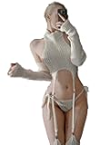 paloli Women's White Knit Sweater Lingerie Set Halter Crop Top with Garter Design, Sexy Cosplay Outfit