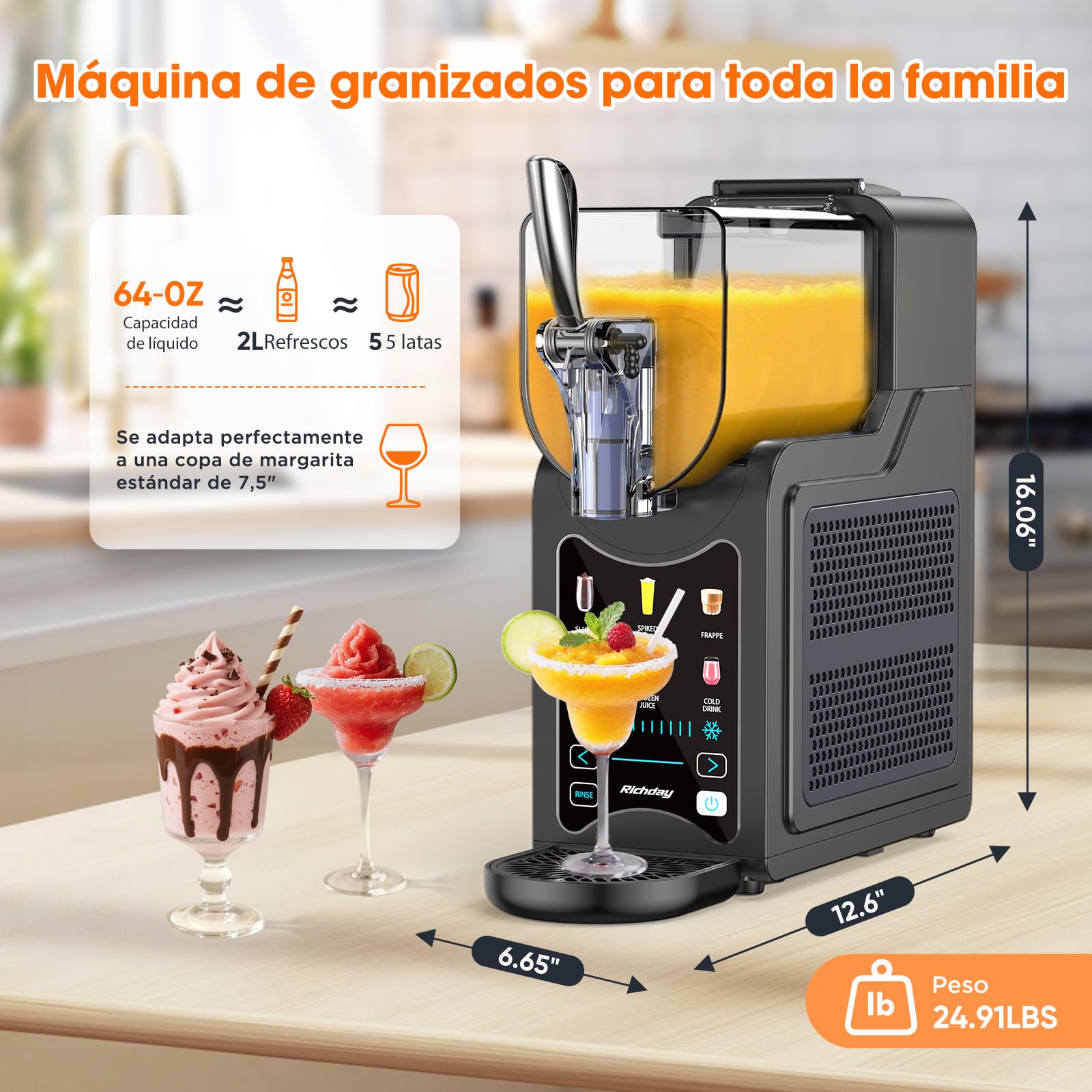 Richday Máquina de granizado, liofilizadora de 6 programas, capacidad de 1,9 l, autolimpieza, para sllushies, batidos, frappés, margaritas y bebidas frías