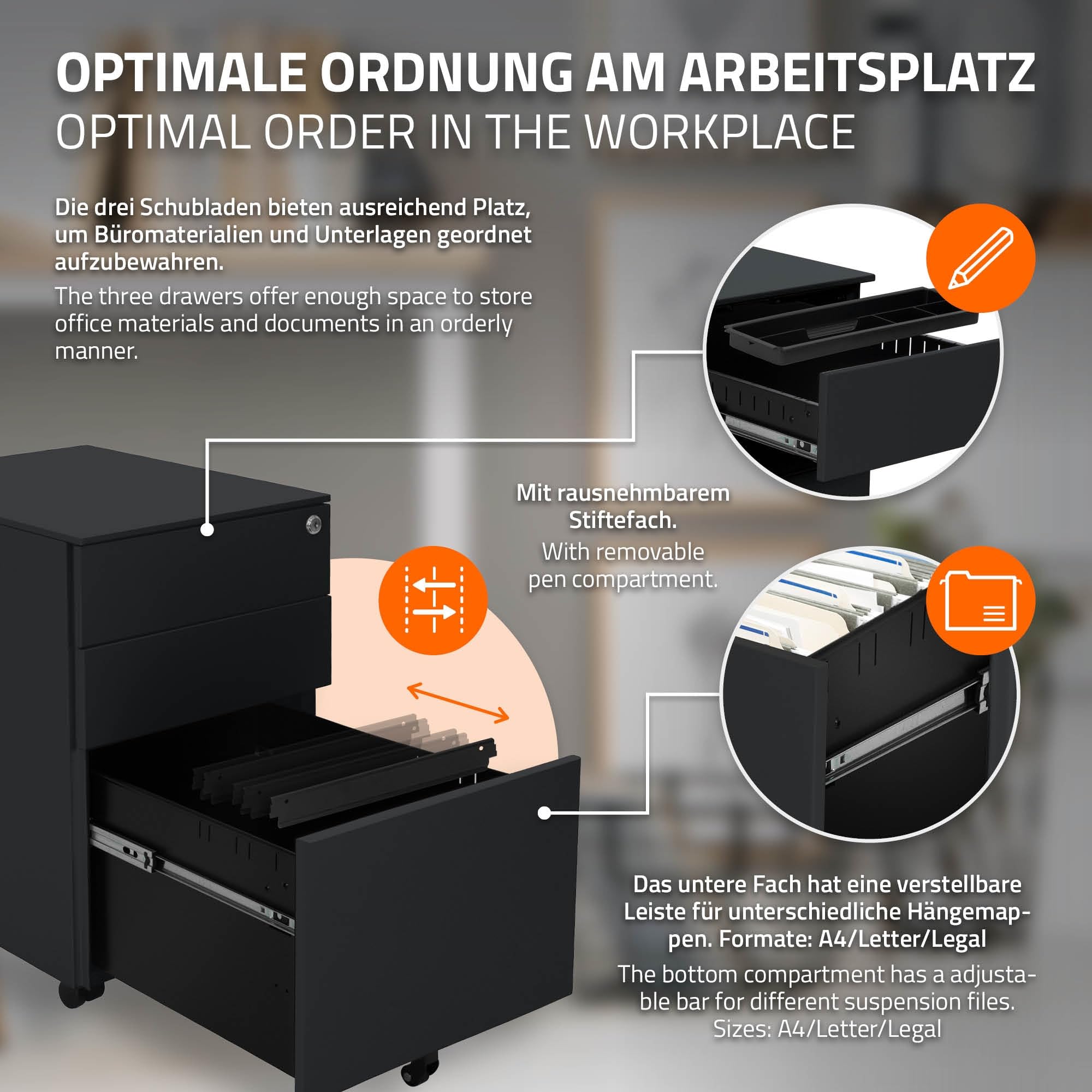 ML-Design Cassettiera da Ufficio con 3 Cassetti e Serratura Acciaio Antracite 39x50x56cm Mobili per Documenti Armadio Studio Scrivania Mobiletto con Rotelle e Blocco Base Mobile Portadocumenti