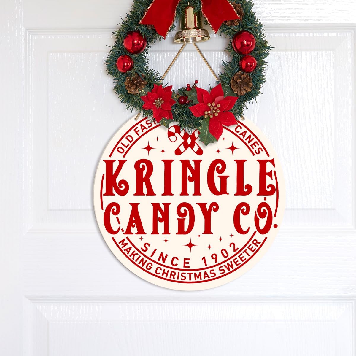 ZODGMED Candy Cane Christmas Wall Hanging Sign, Christmas Decor for Home Kitchen Dining Room Candy Shop Holiday Hanging Sign Xmas Wall Decorations, Kringle Candy Co.