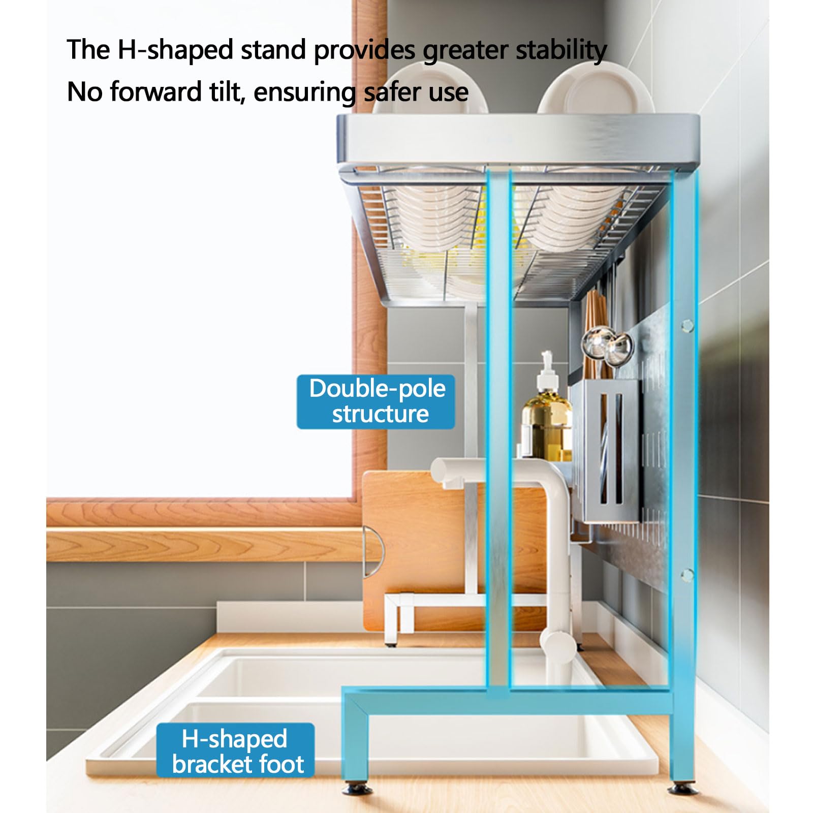 Escurridor de platos, estante de almacenamiento extensible de acero inoxidable para fregadero, diseño estable para platos, vasos, cuencos y cubiertos, organizador de cocina multifuncional