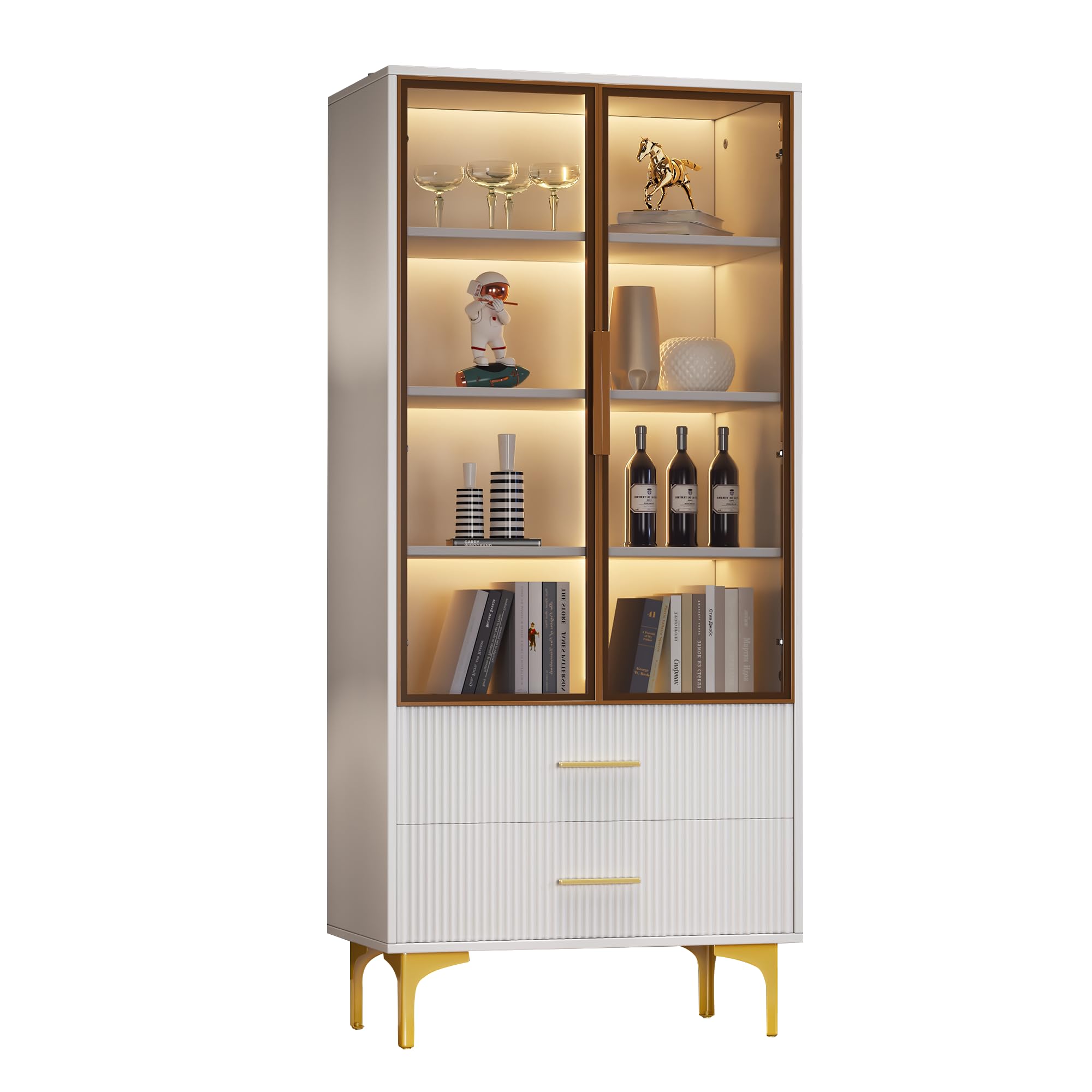 Azkoeesy Moderna Vitrina de Cristal para salón - 70 x 35 x 150 cm - 2 Puertas de Cristal y 2 cajones - Diseño antivuelco - Blanco, Tiradores y Patas de Metal Dorado