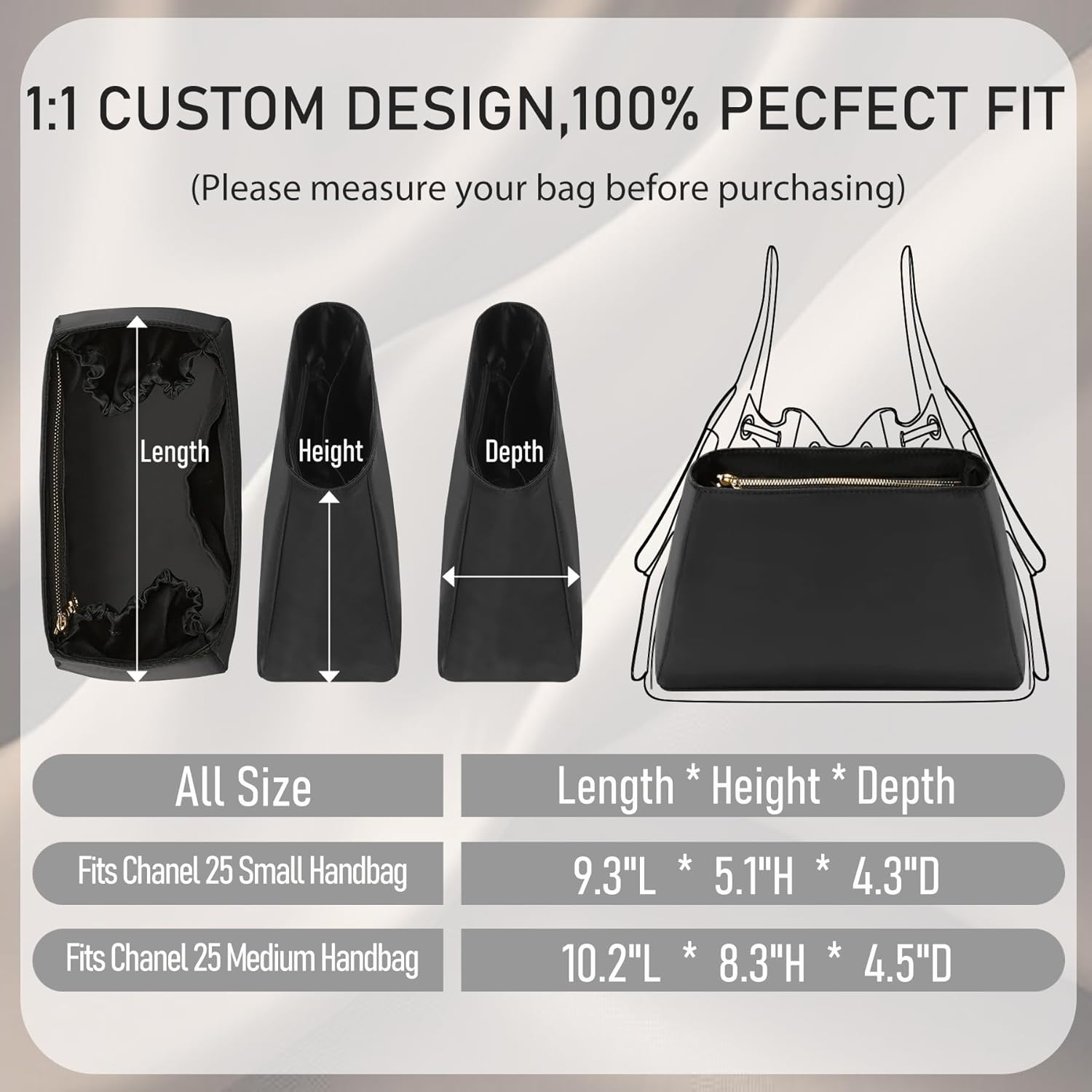 Doxo Chanel 25 Small Bag Insert, Lightweight Nylon Purse Organizer Insert for Chanel 25 Bag, Scratch-Proof Shape Retaining Handbag Inside Organizer with Elastic & Zipper Pocket for Luxury Bag(Small)