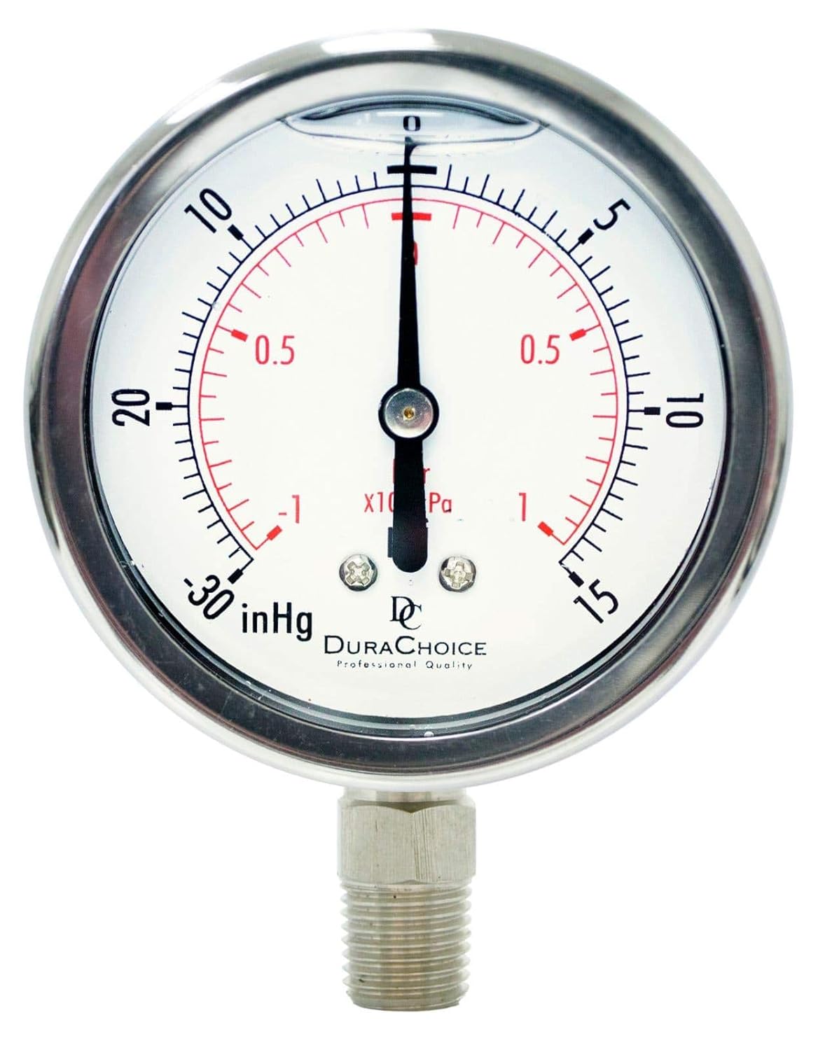 2-1/2" Oil Filled Vacuum Pressure Gauge - Stainless Steel Case, Brass, 1/4" NPT, Lower Mount Connection, 30HG/15PSI