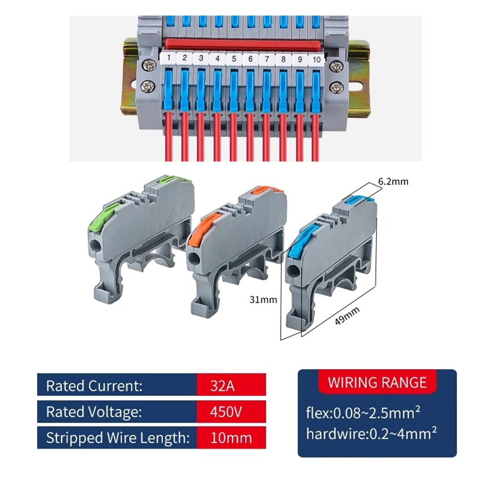 CMK420 Tipo su guida DIN Terminale a connessione rapida Filo compatto universale Connettore a cablaggio rapido Giunzione 0,08-4mm² 420 V 32 A(CMK420 Blue 50Pcs)