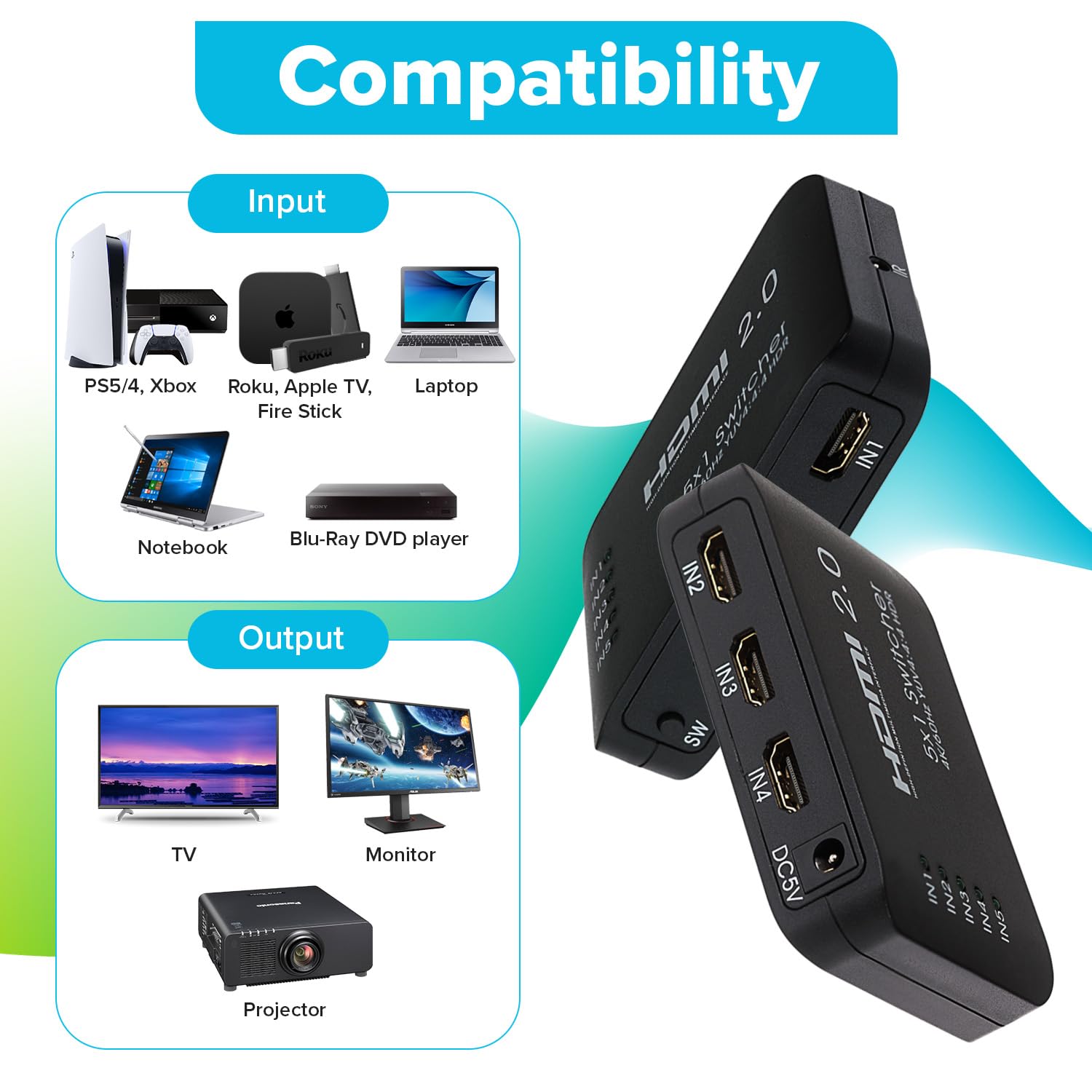 Nikkai Przełącznik HDMI 5 portów w 1 wyjściu 4K 60 Hz rozdzielczość pilot - czarny