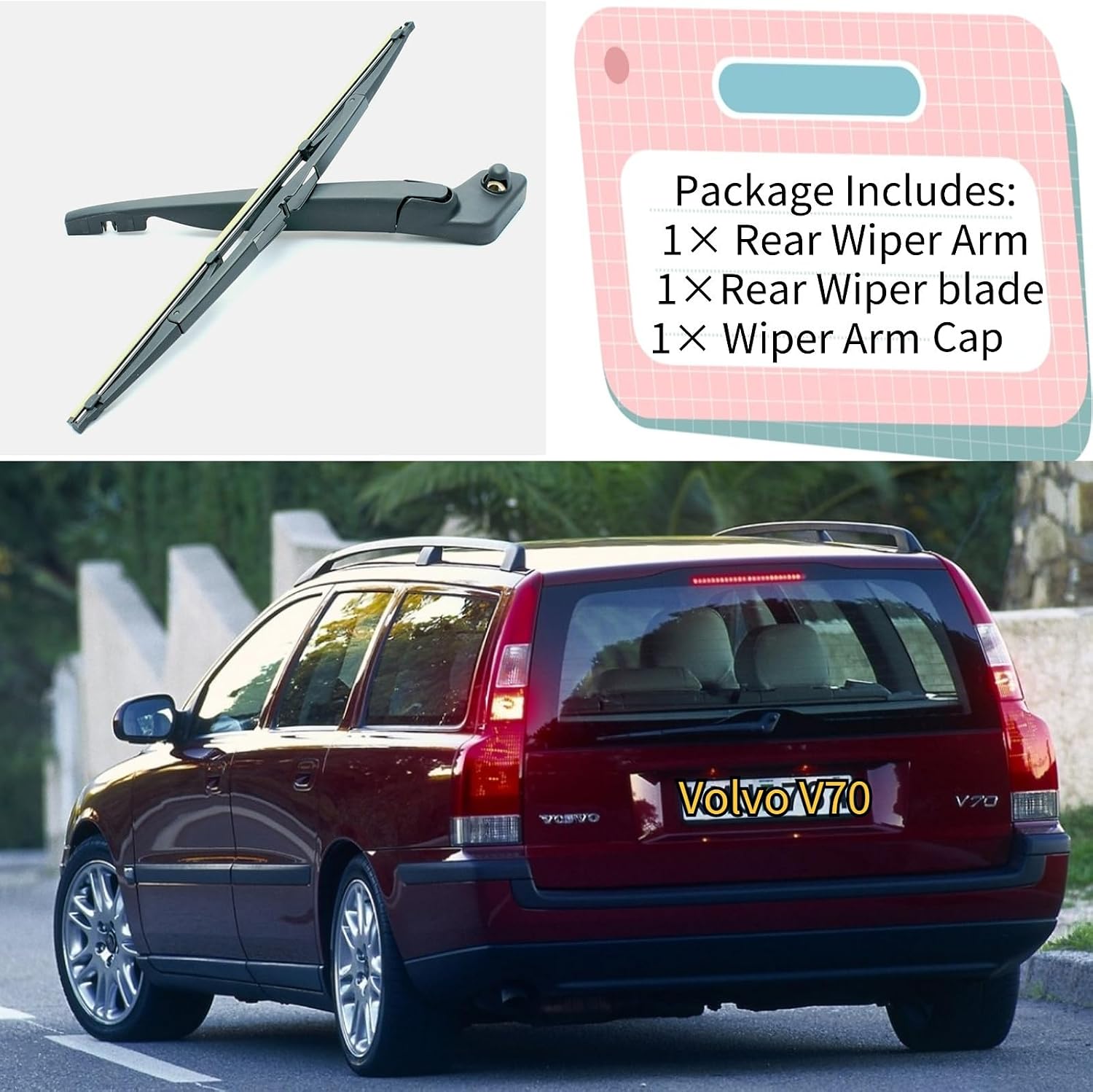 Rear Wiper Blade & Arm Replacement for Volvo V70 2003 2002 2001 - OEM Fit for 2.4T AWD Base T5 X/C Models - All-Season Coated Rubber Rear Back Windshield Wiper Blade Set