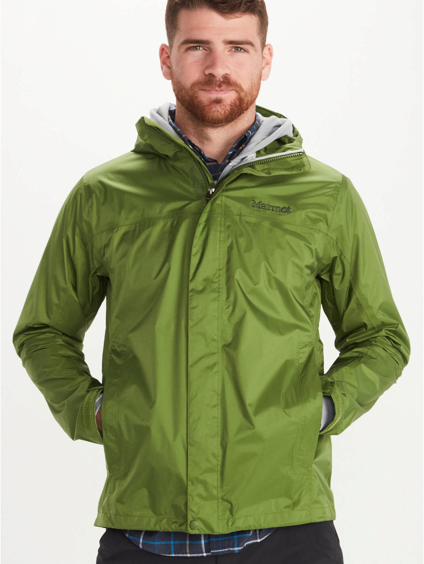 Marmot Meżczyzni PreCip Eco Jacket S22, Wodoodporna kurtka przeciwdeszczowa, oddychający płaszcz przeciwdeszczowy z kapturem, lekka wiatrówka hardshell na wędrówki, Foliage, L
