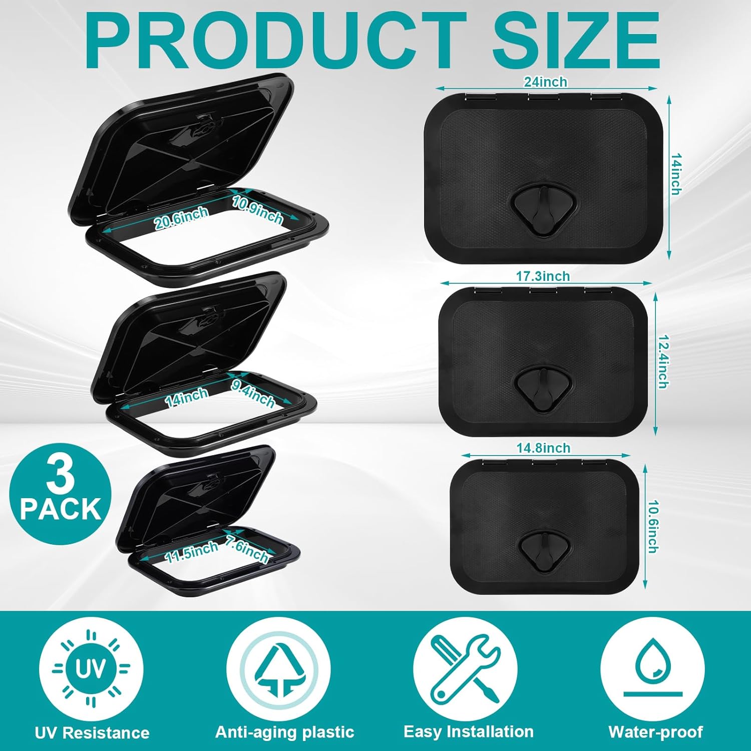 3 Pcs Marine Deck Access Hatch Black 24 x 14 in, 17.3 x 12.4 in, 14.8 x 10.6 in, Rectangular Boat Deck Hatch & Lid for Marine Boat