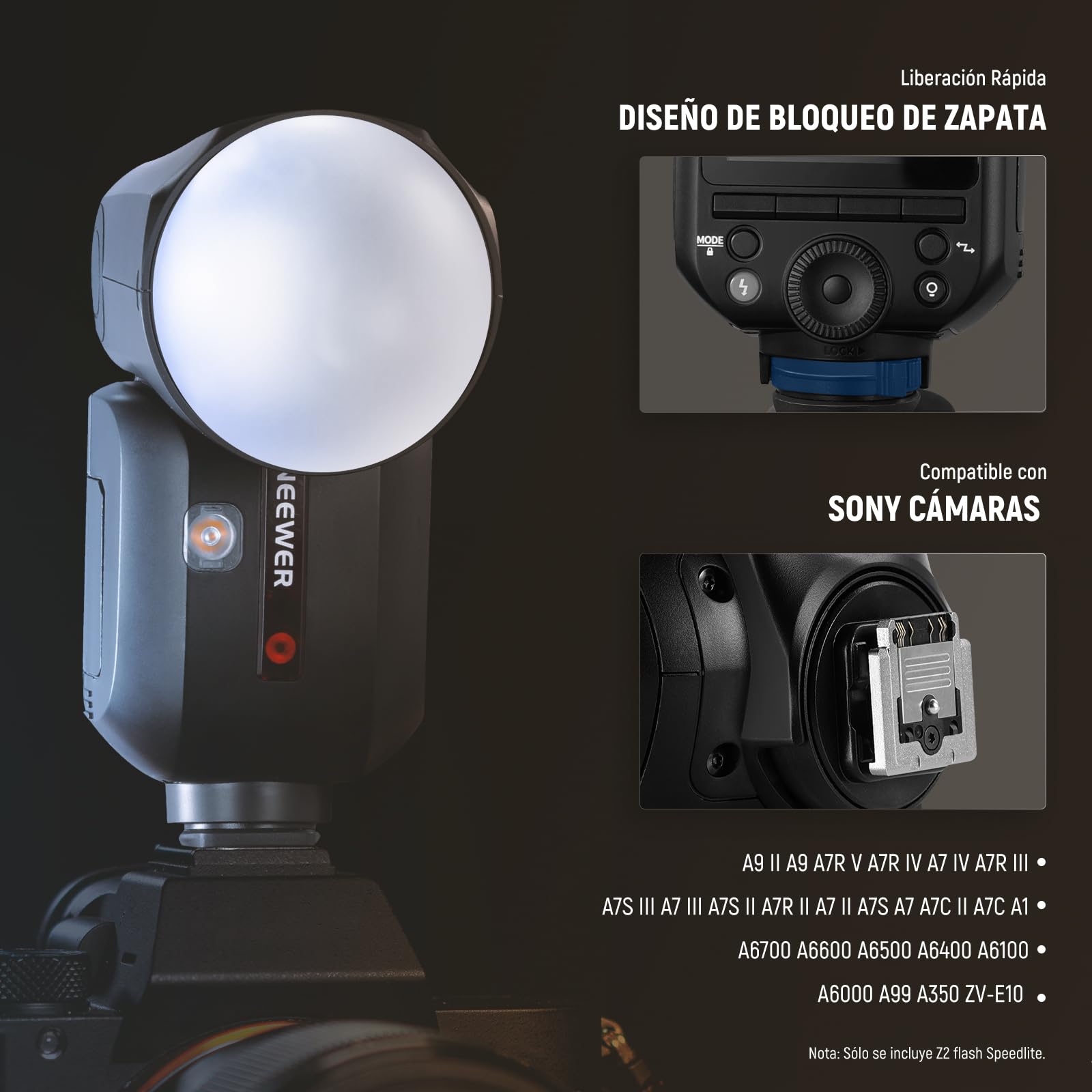 NEEWER Z2-S 2,4G TTL Flash Speedlite Cabeza Redonda para Sony, 76Ws Speedlight con Dome Difusor, UI Mejorada, TTL/M TCM Tecla,2 Lámpara Modelado 1/8000s HSS 7,4V/2600mAh Batería 480 Potencia Completa