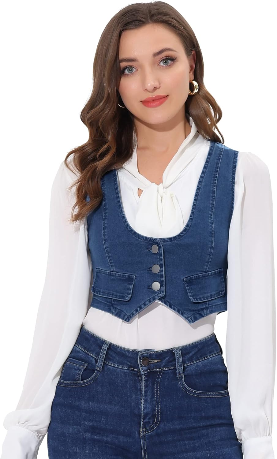 Allegra K Denim Vintage Crop Jacket for Women's Sleeveless Button Up Jean Waistcoat Vest
