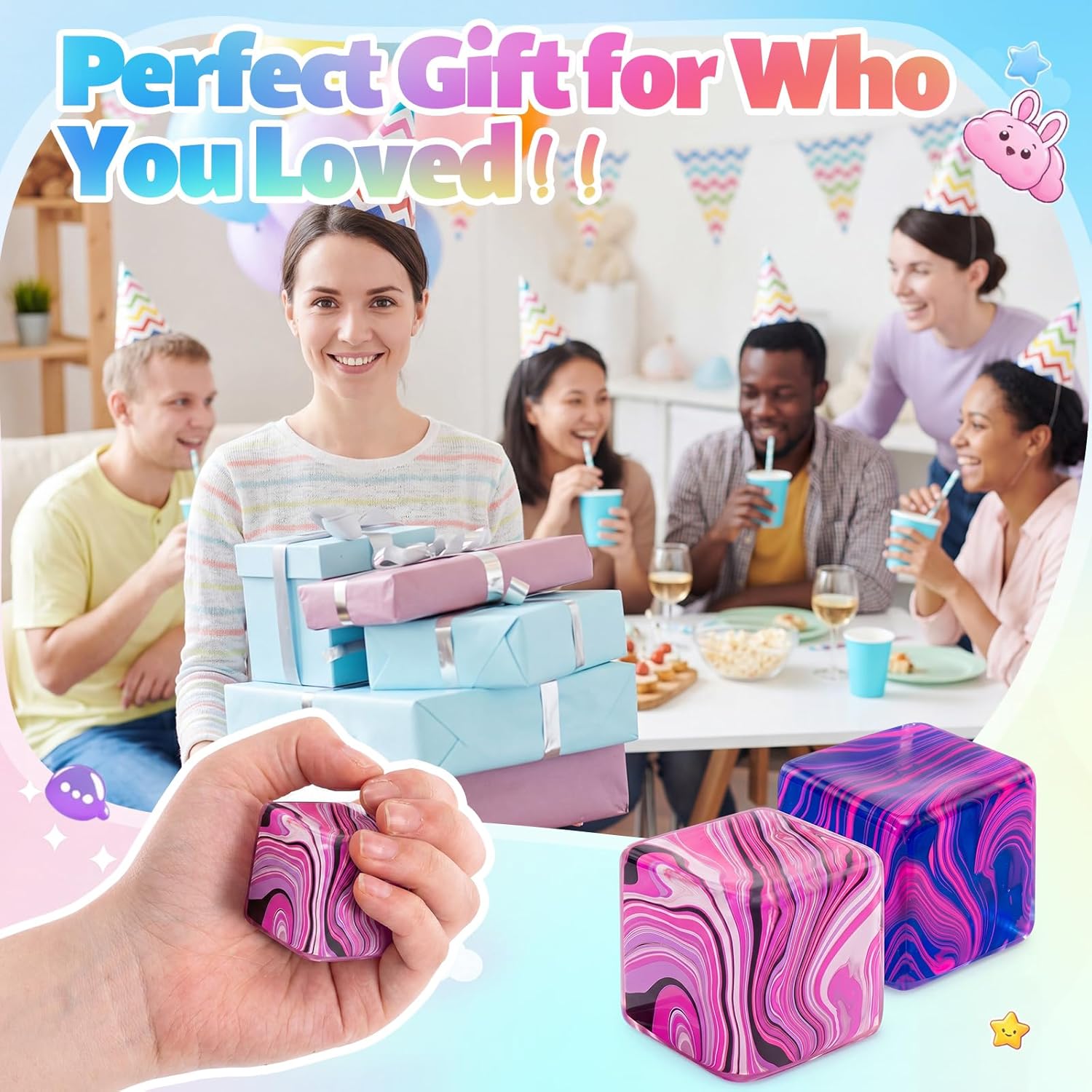 2 Pcs Stress Cube Bulk Swirl Ice Cube Stress Ball for Adults Anxiety Relief Soft Squeeze Sensory Square Ball for ADHD Prizes Goodie Bag Stuffers Party Favors(Purple, Pink)