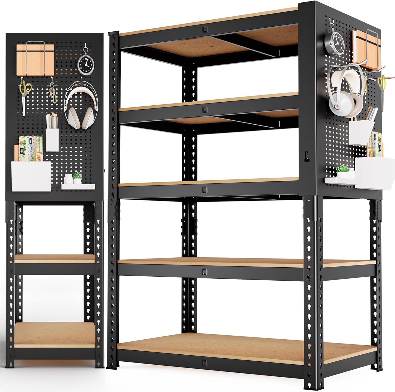 MAXLEAD Home Storage Shelves 5 Tier Garage Shelving Adjustable Garage Shelves 2100LBS Metal Shelving Unit with Metal Pegboard for Basement, Warehouse, Pantry, Kitchen. 60''H*11.8''D*27.5''W, Black