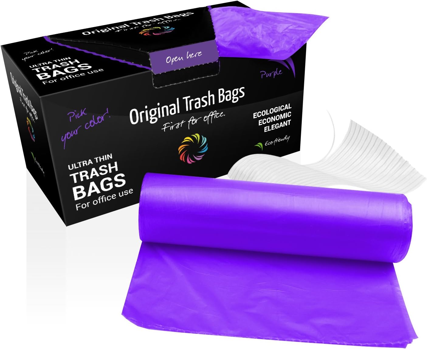 First for Office Ecological Ultrathin Trash Bags, 80 Pack, 13 Gallon, Purple