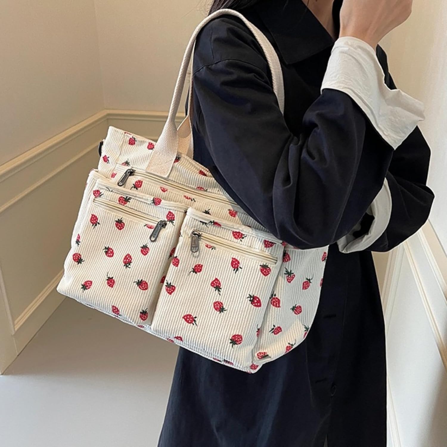 Womens Casual Corduroy Satchel Totes Handbags Large Capacity Tote Bag Purse Multiple Pockets Satchel Bag