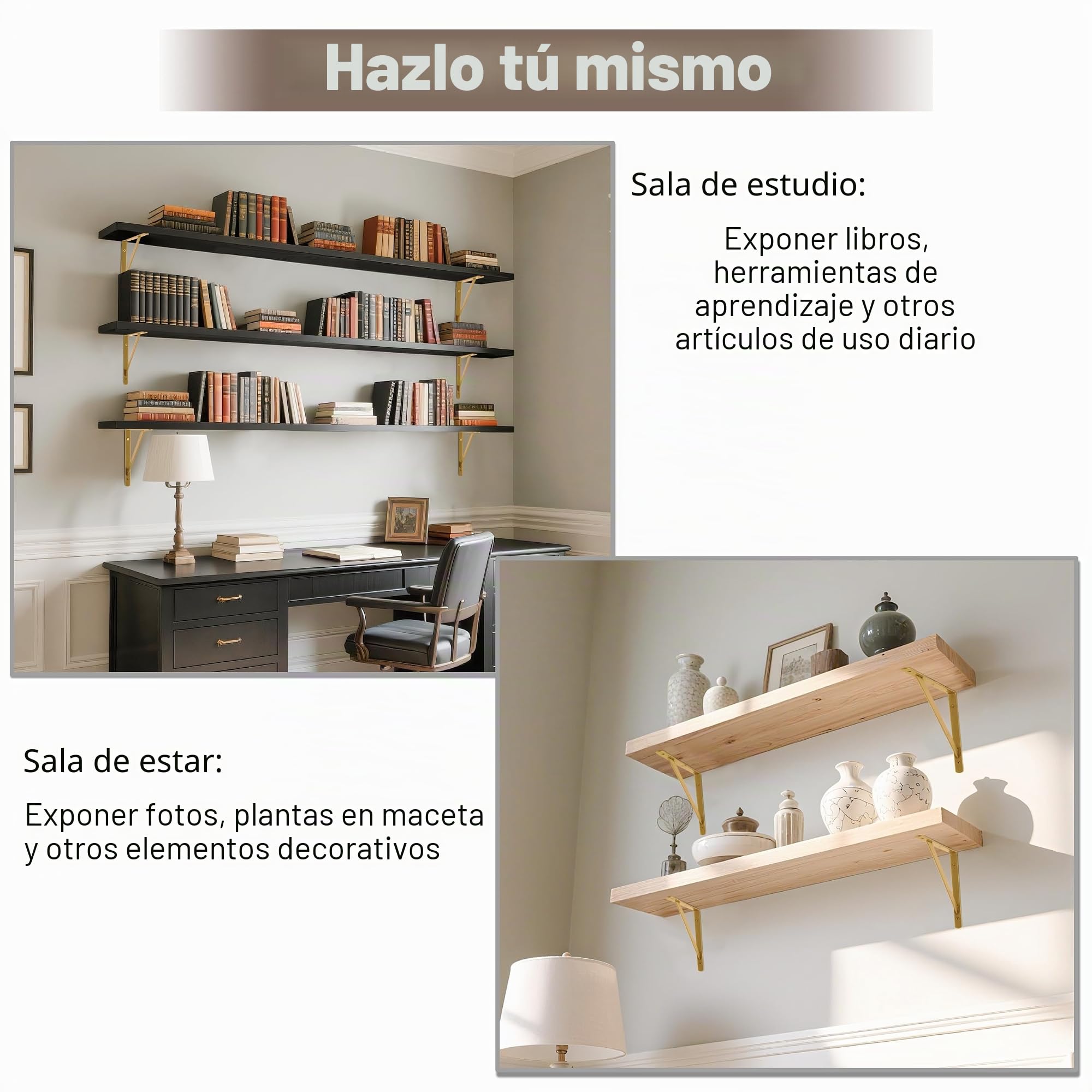 12 piezas soportes de estante triangulares dorados, soportes de estantería en ángulo recto montados en la pared, soportes de estante de 6 pulgadas