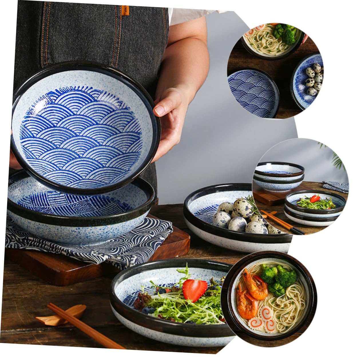 POPETPOP Assiette Creuse en Céramique Bleu Style Japonerie Vintage, Plat Pratique et Facile à Nettoyer pour Servir Repas et Snacks la Maison