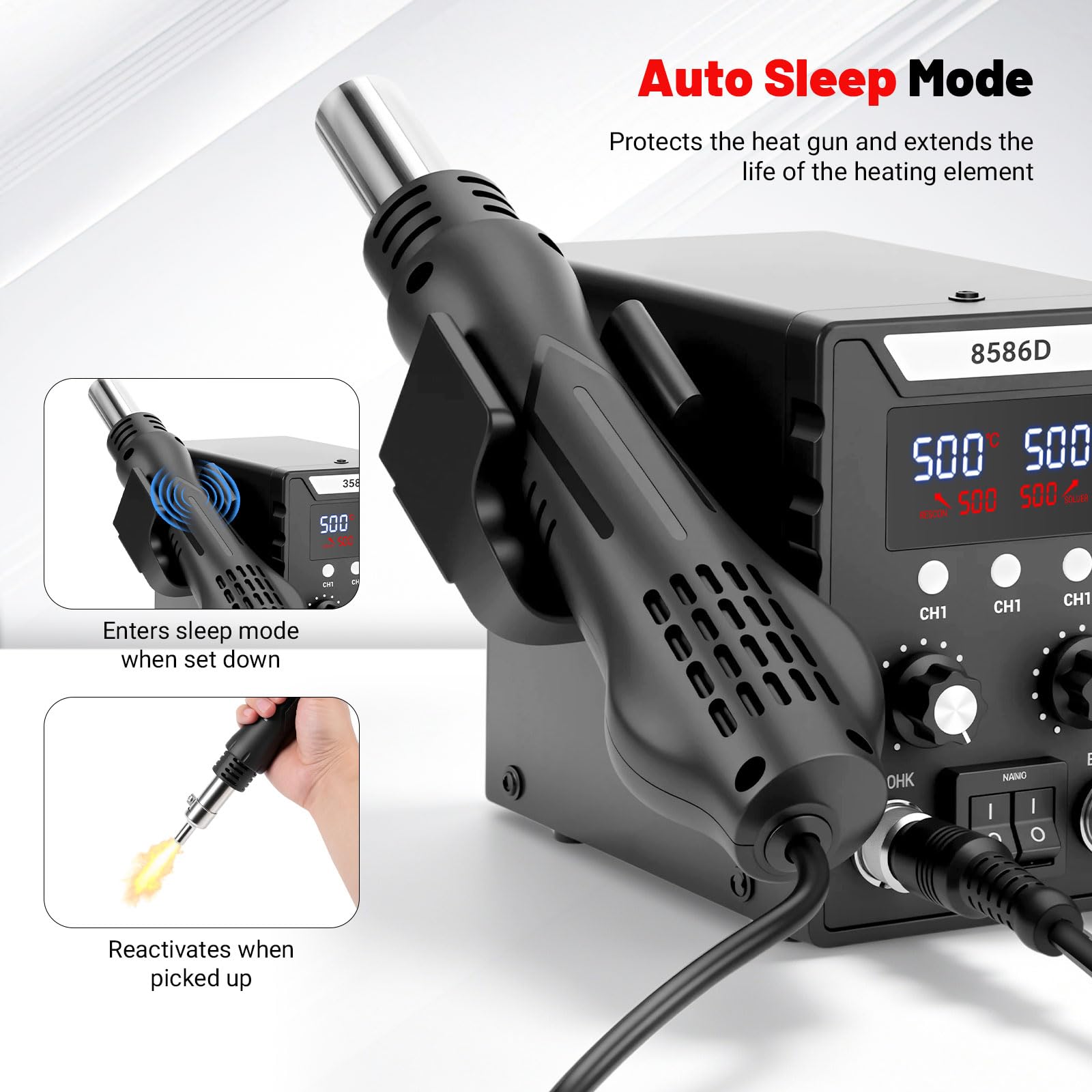 RUIZHI Stazione di Saldatura 2 in 1 Kit Saldatore 100–500°C | Pistola ad Aria Calda 700W con Doppio Display LED, Set di Saldatura per Scuole, Laboratori e Riparazioni