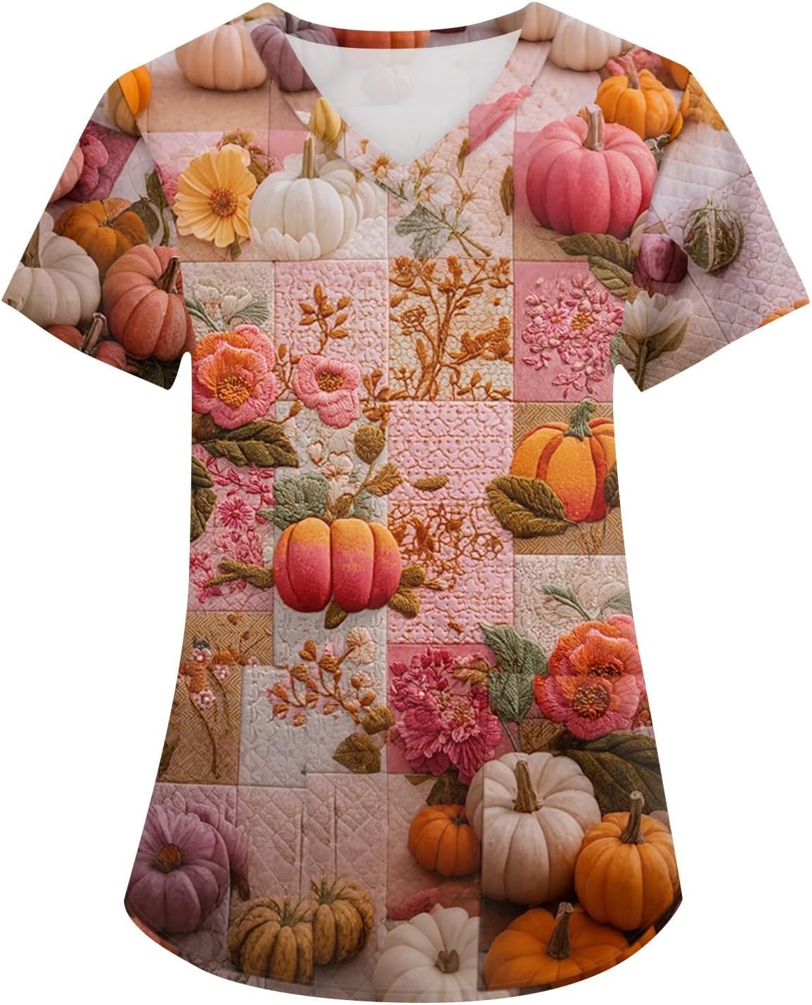 Women's Fall Short Sleeve V Neck Halloween Tops, Pumpkin Graphic Shirt with Pockets, S-5XL