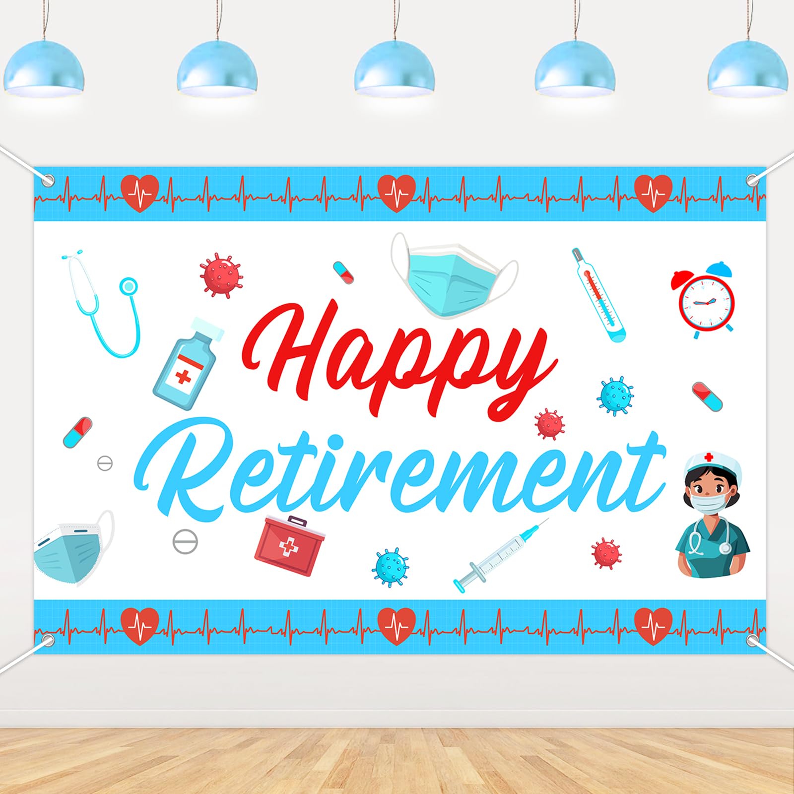 Nurse Retirement Party Decors Red and Blue Happy Retirement Backdrop Banner 4.92 * 3.28ft Retired Nurse Party Supplies Medical Staff Doctor RN Theme