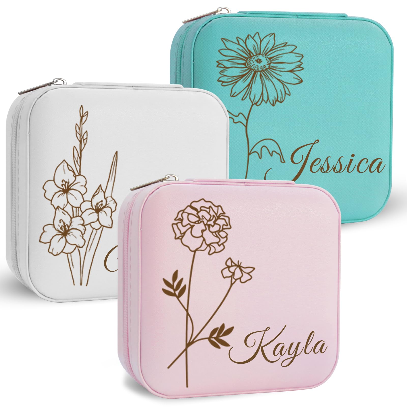 Personalized Jewelry Box Custom Travel Jewelry Case Name Birth Flower Women Girls Organizer Box for Rings Necklaces Bracelets